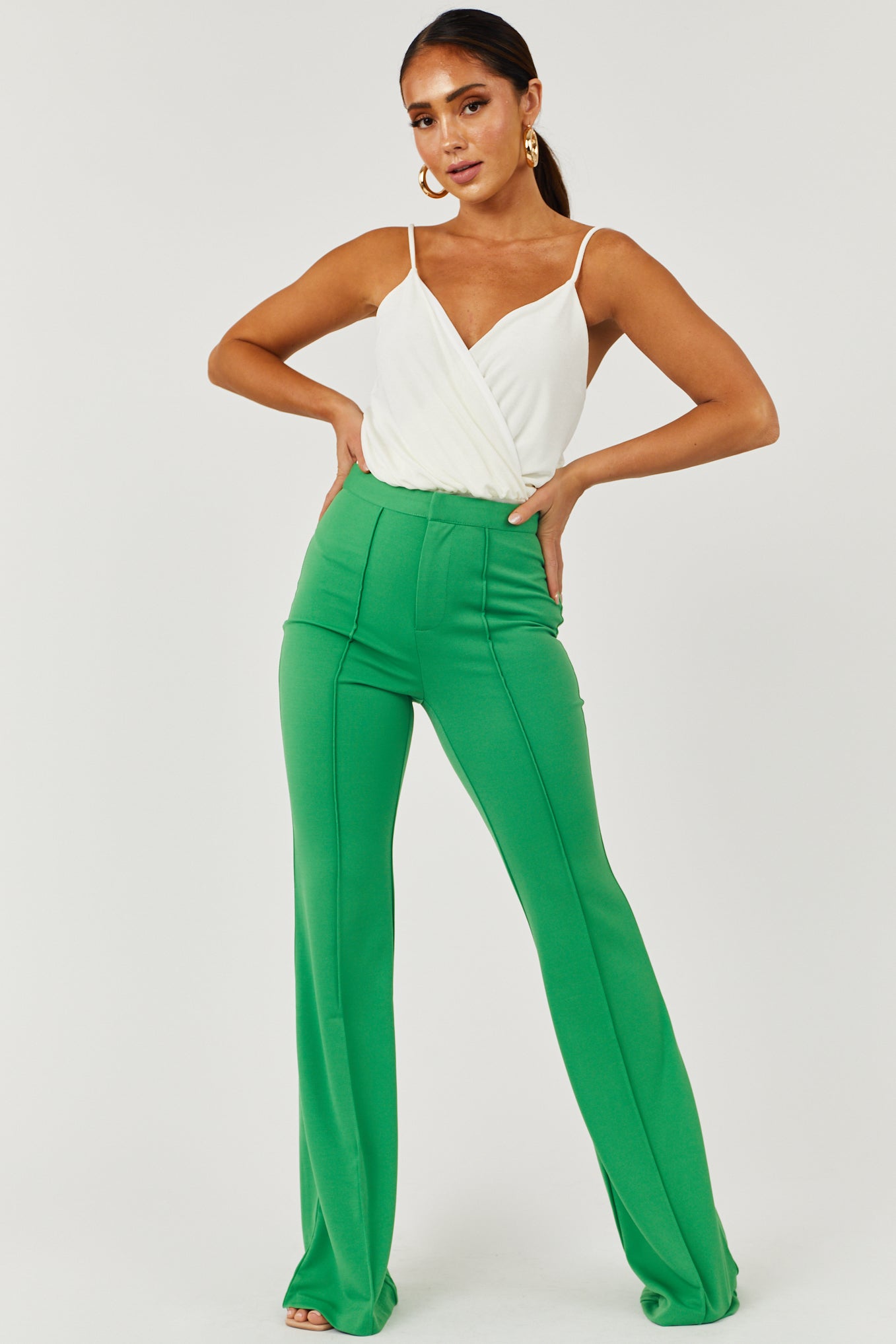 Flying Tomato Green High Rise Flare Pants with Seam Detail | Lime Lush