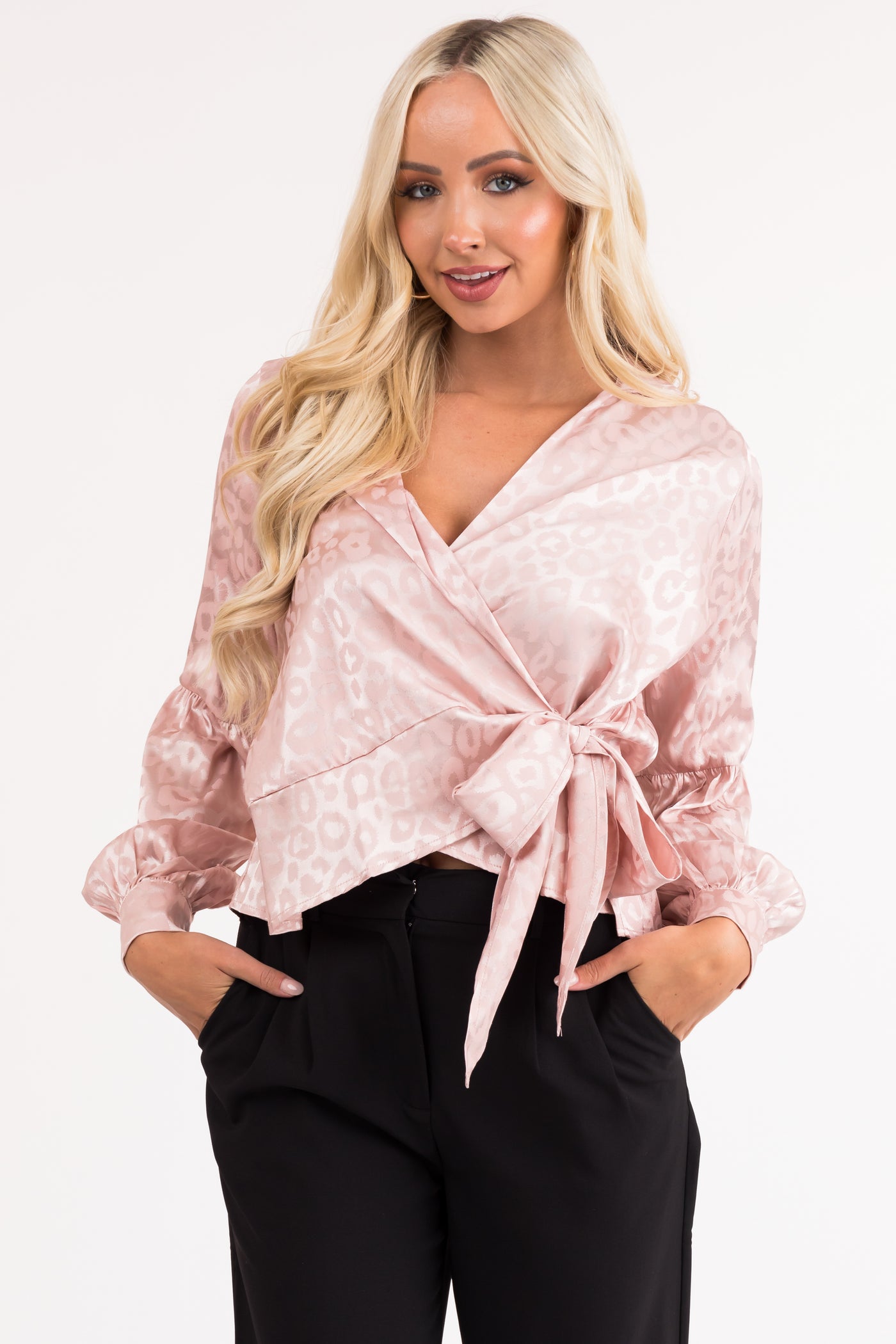 Hazy Blush Satin Leopard Print Wrap Blouse