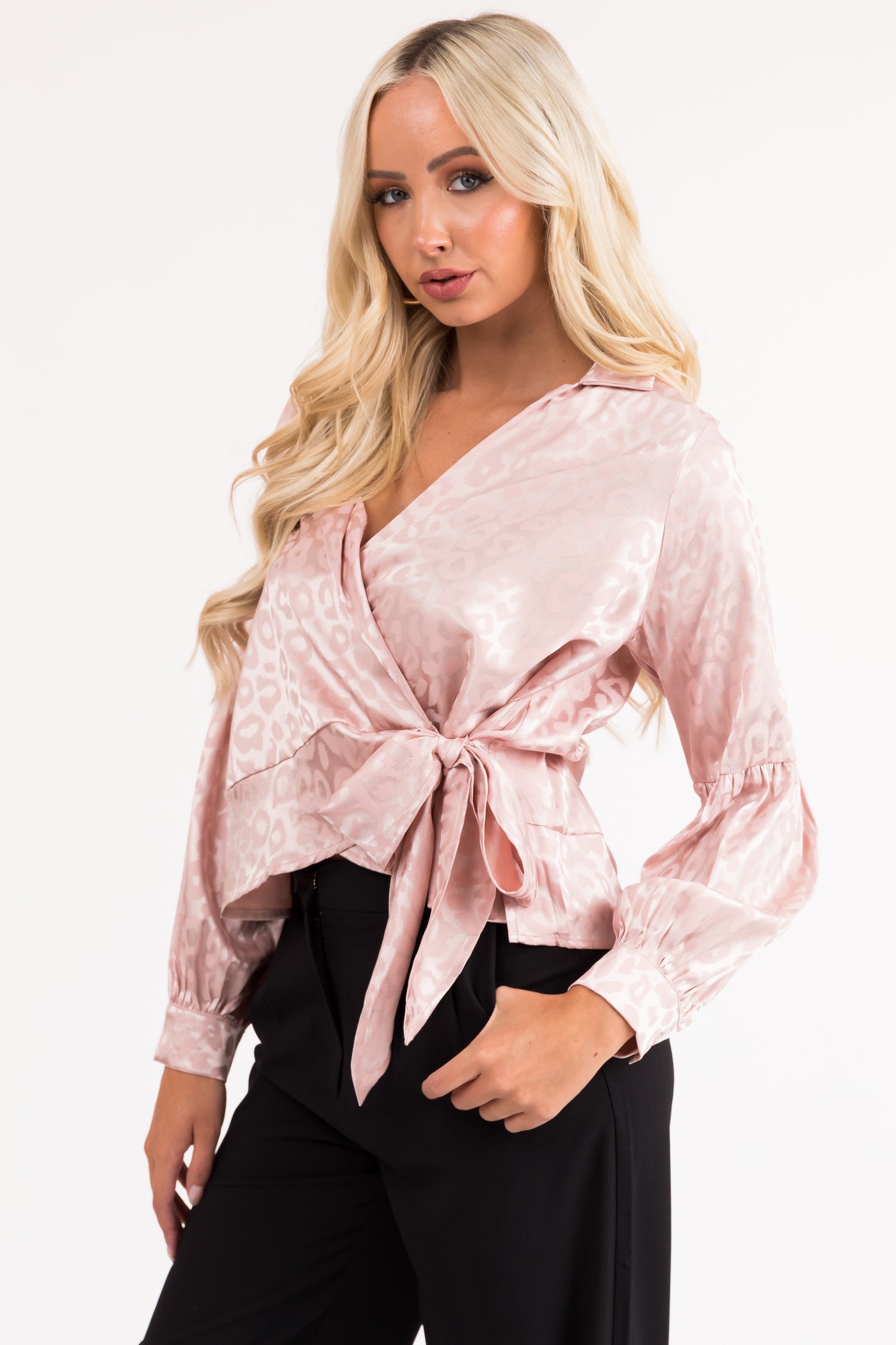 Hazy Blush Satin Leopard Print Wrap Blouse