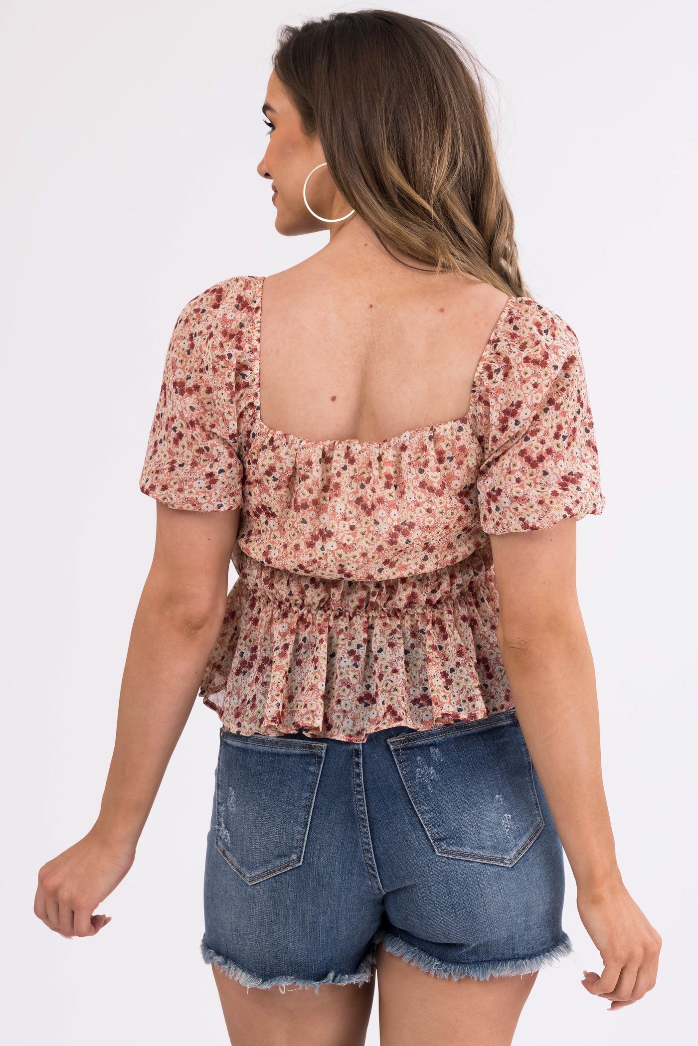 Hazy Coral Ditsy Floral Puff Sleeve Peplum Top