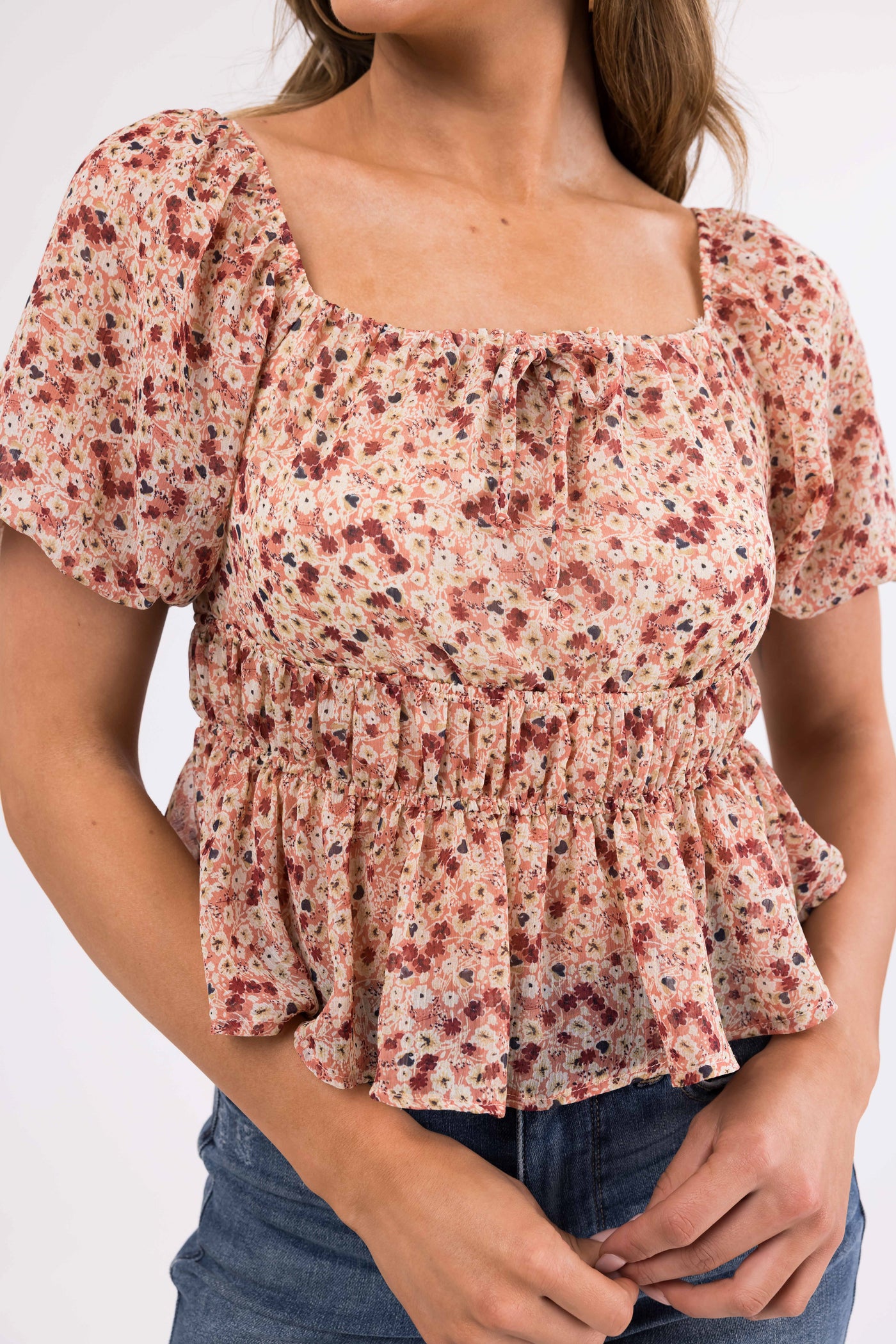 Hazy Coral Ditsy Floral Puff Sleeve Peplum Top