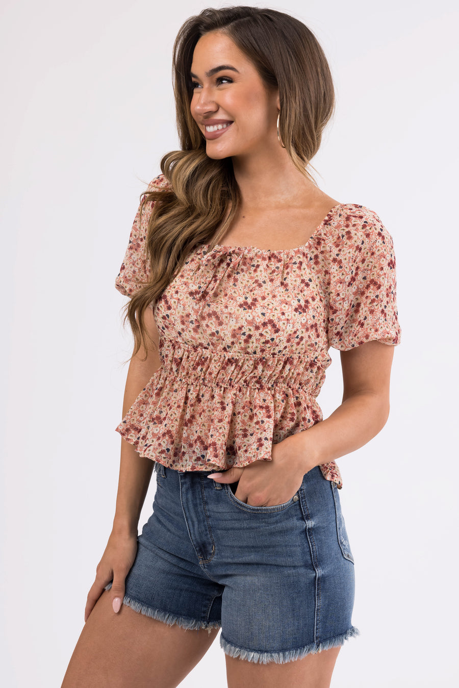 Hazy Coral Ditsy Floral Puff Sleeve Peplum Top