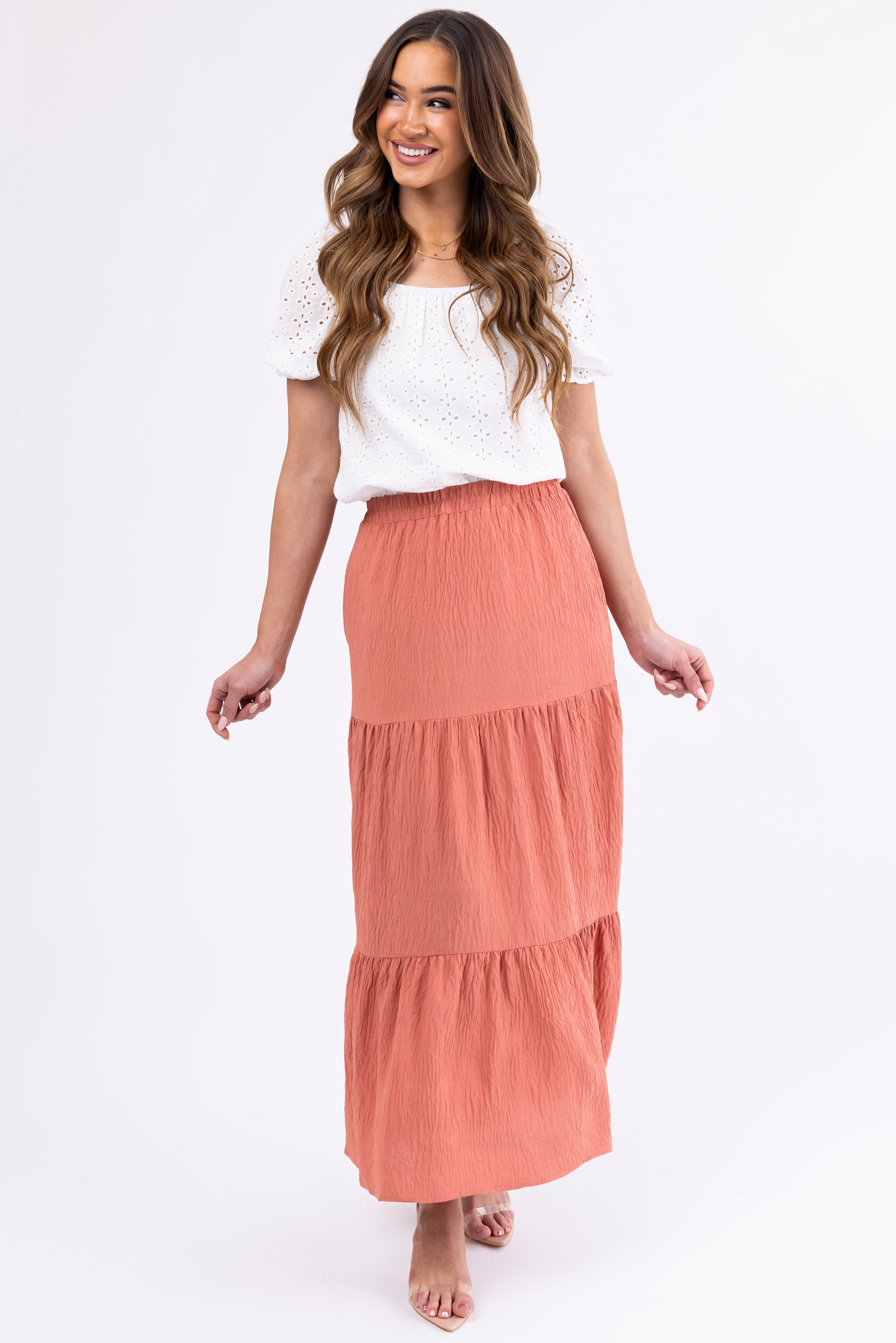Hazy Coral Tiered Gauze Textured Maxi Skirt | Lime Lush Boutique