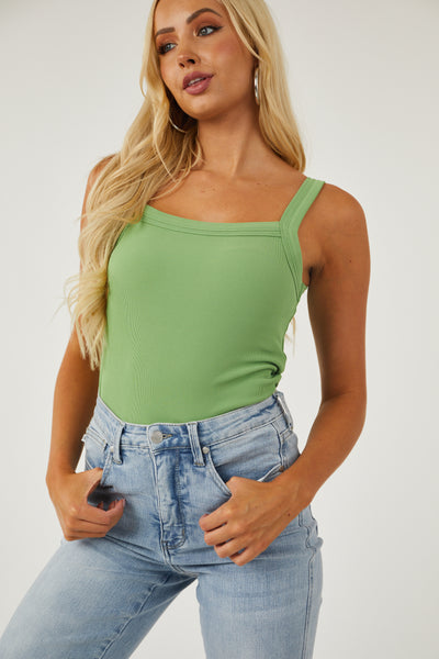 Hazy Kiwi Square Neck Tiered Trim Knit Tank Top