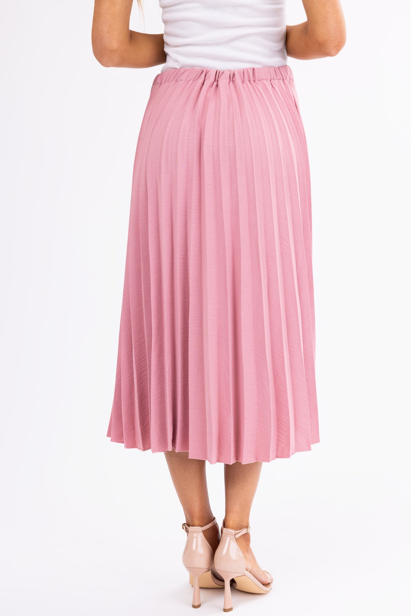 Hazy Pink Pleated Elastic Waist Midi Skirt