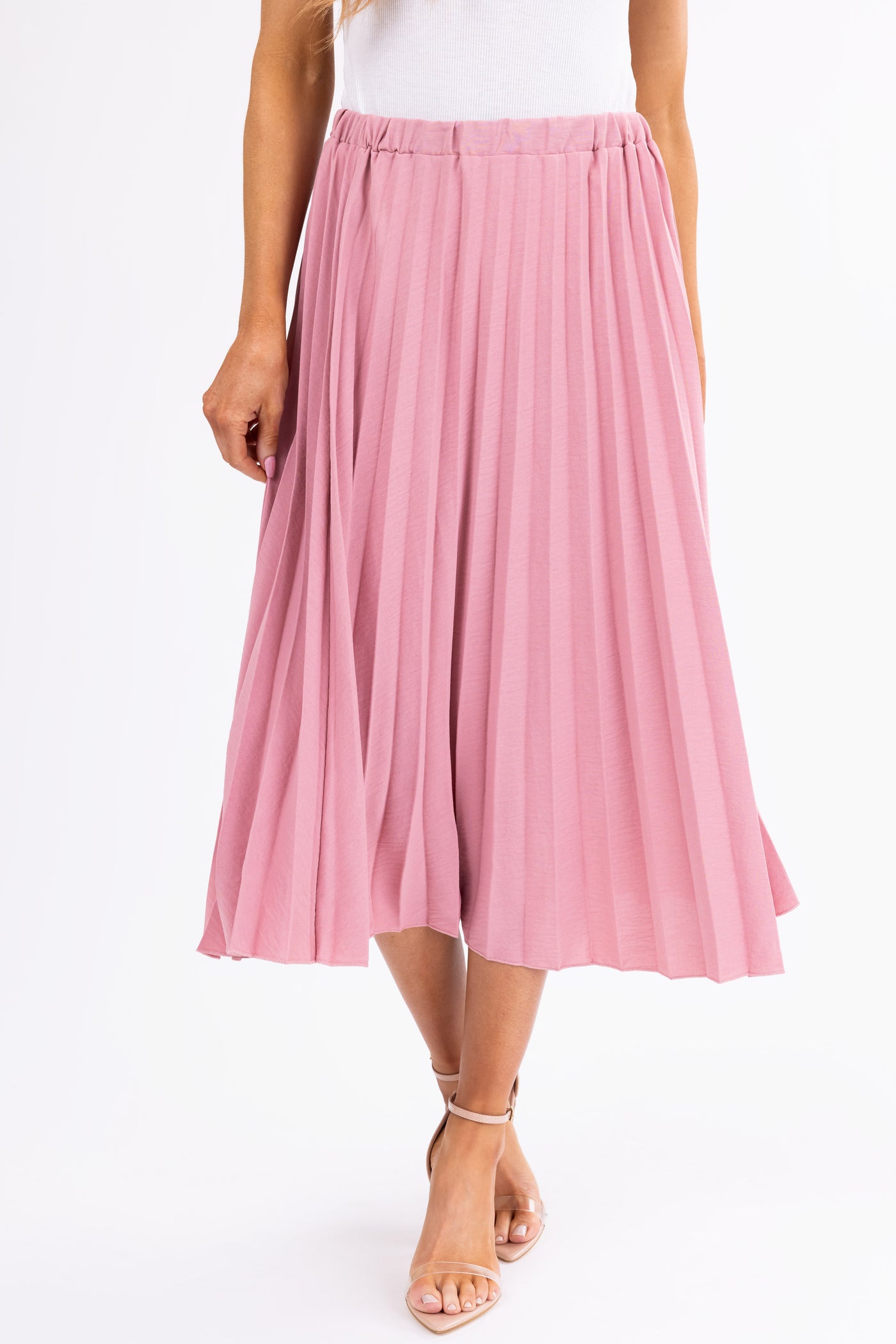 Hazy Pink Pleated Elastic Waist Midi Skirt