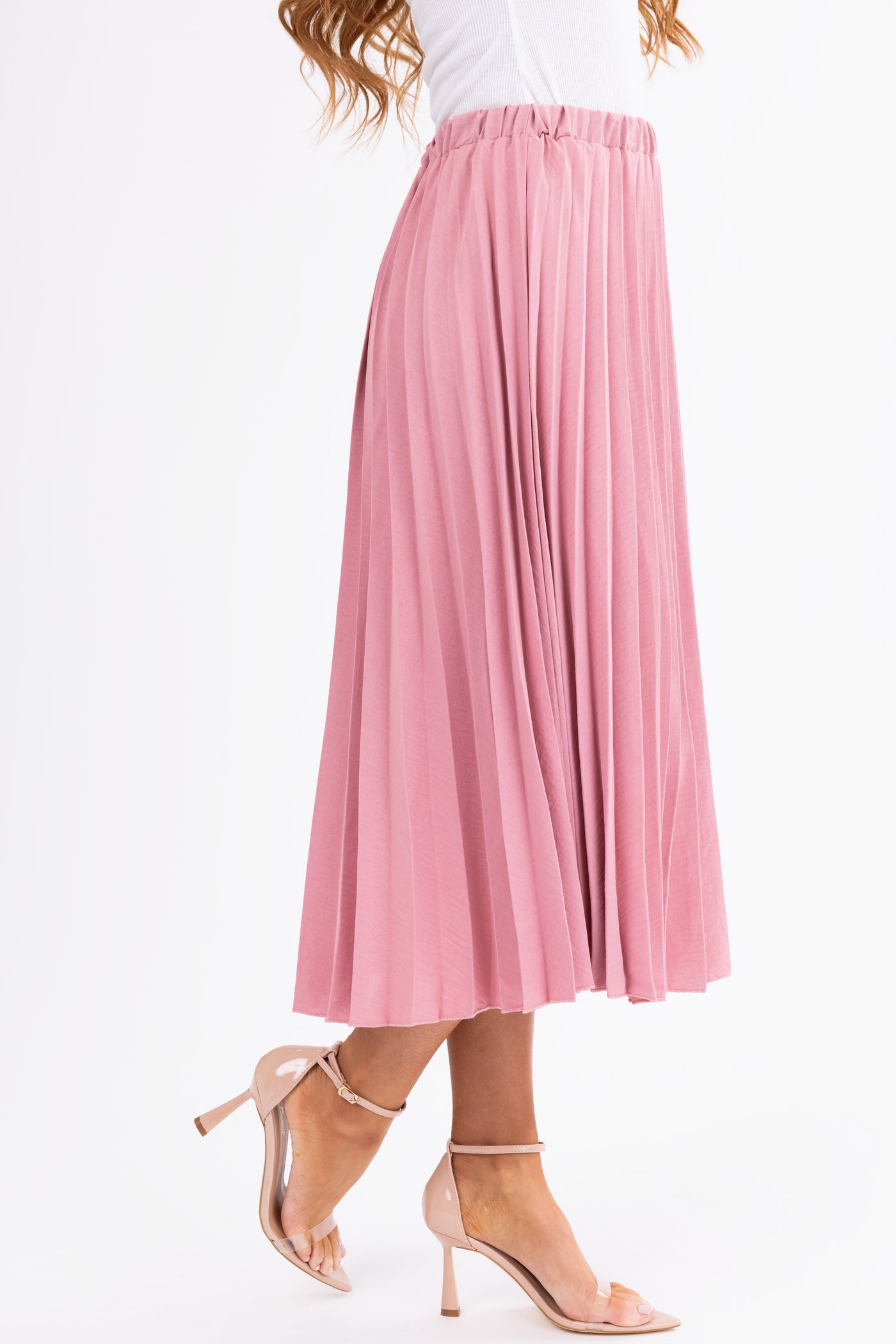 Hazy Pink Pleated Elastic Waist Midi Skirt