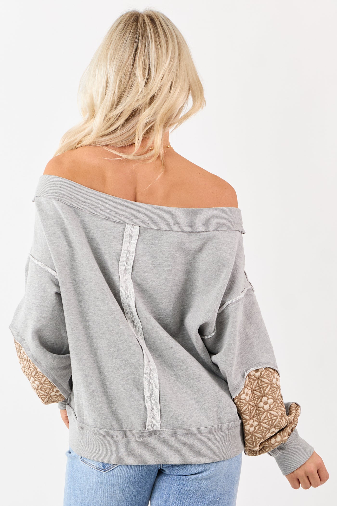 Heather Grey Boho Patchwork Off Shoulder Sweatshirt