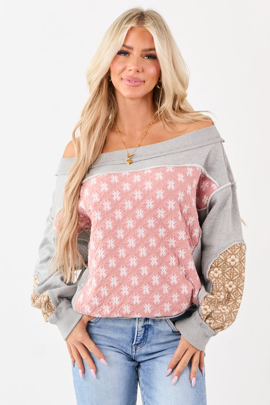 Heather Grey Boho Patchwork Off Shoulder Sweatshirt