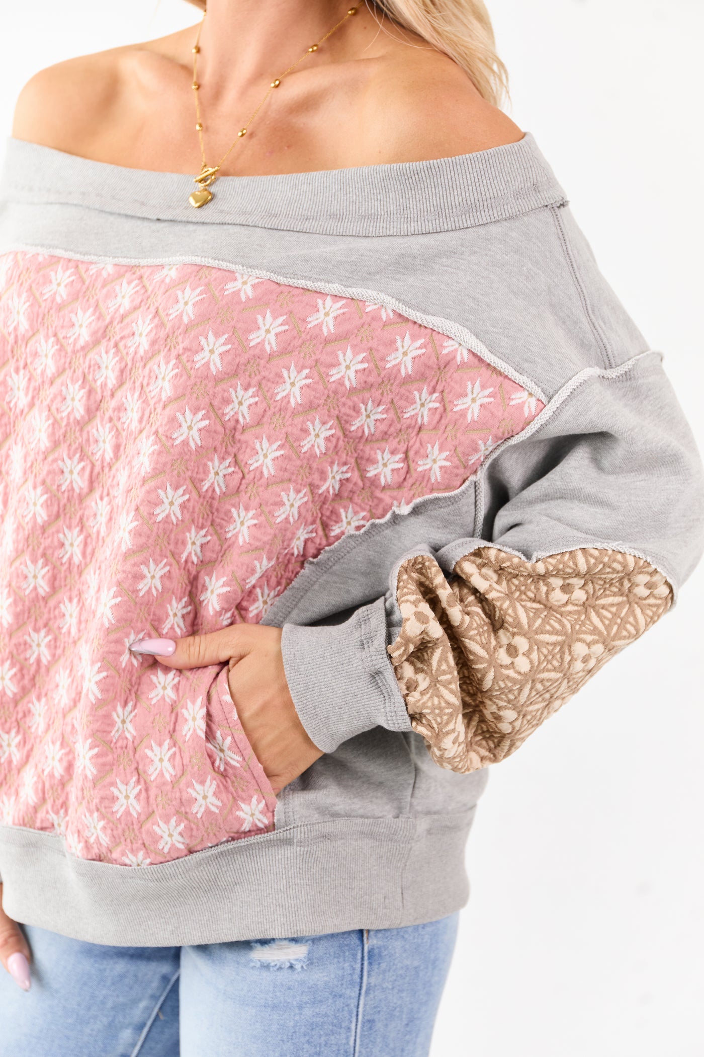 Heather Grey Boho Patchwork Off Shoulder Sweatshirt