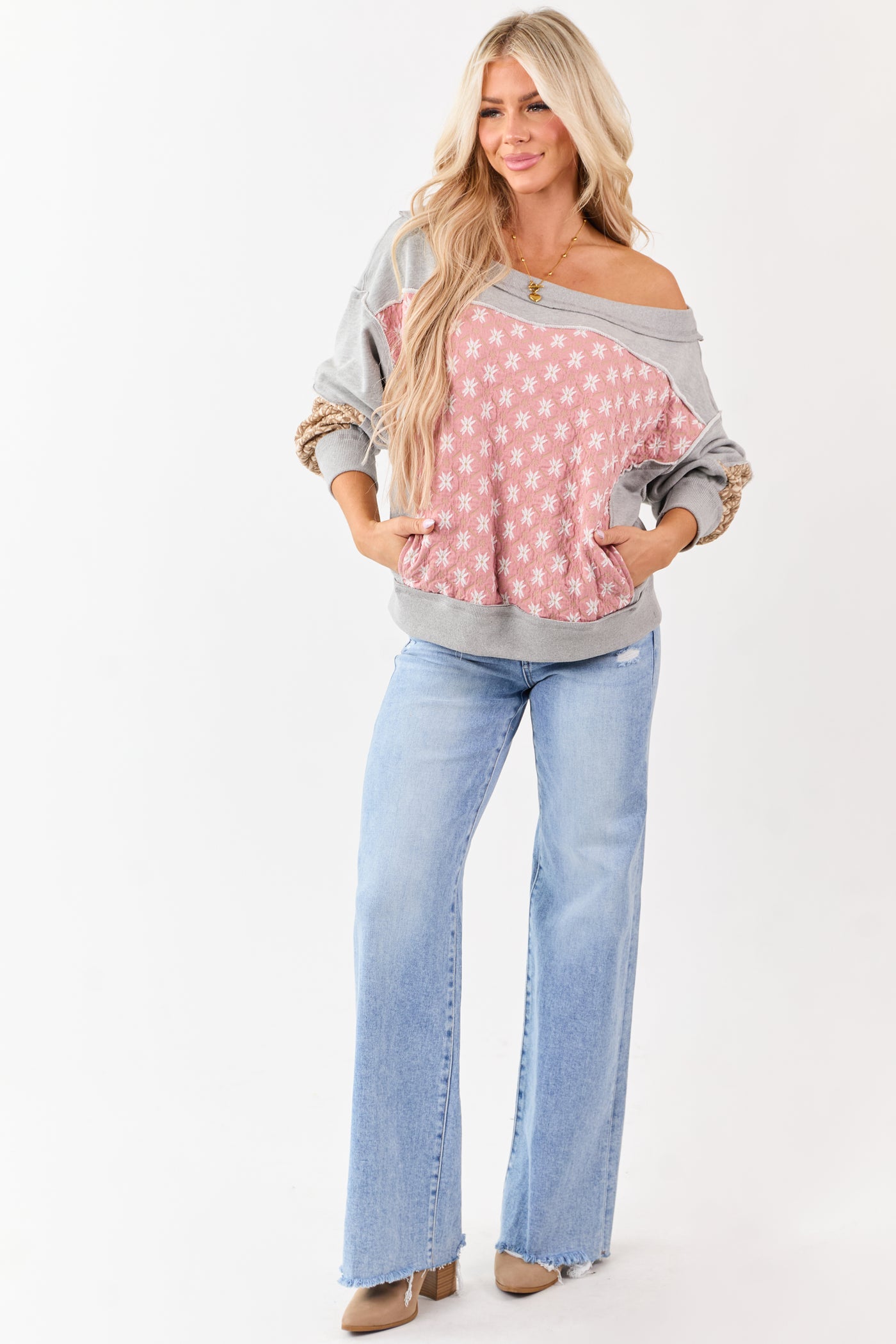 Heather Grey Boho Patchwork Off Shoulder Sweatshirt