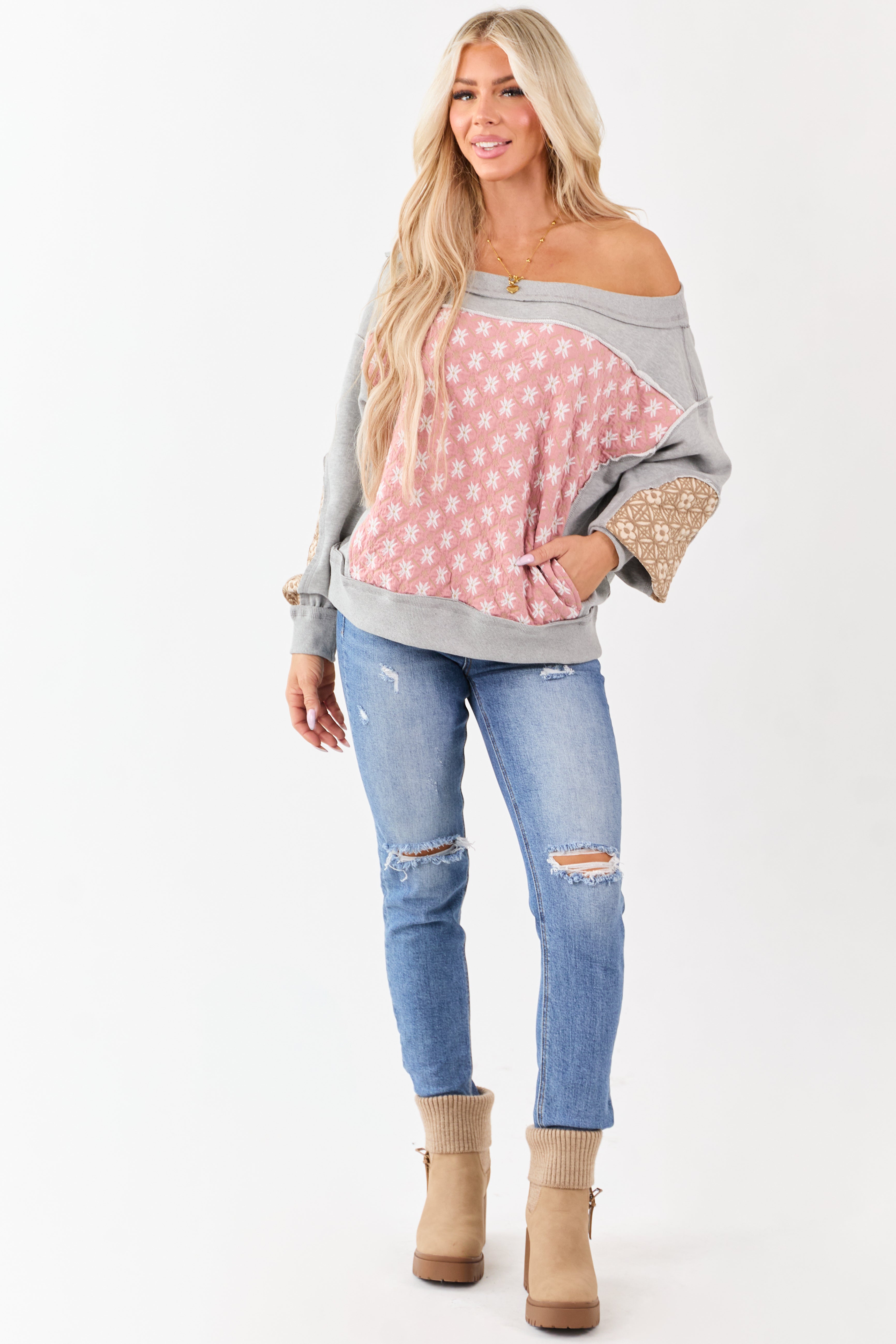 Heather Grey Boho Patchwork Off Shoulder Sweatshirt