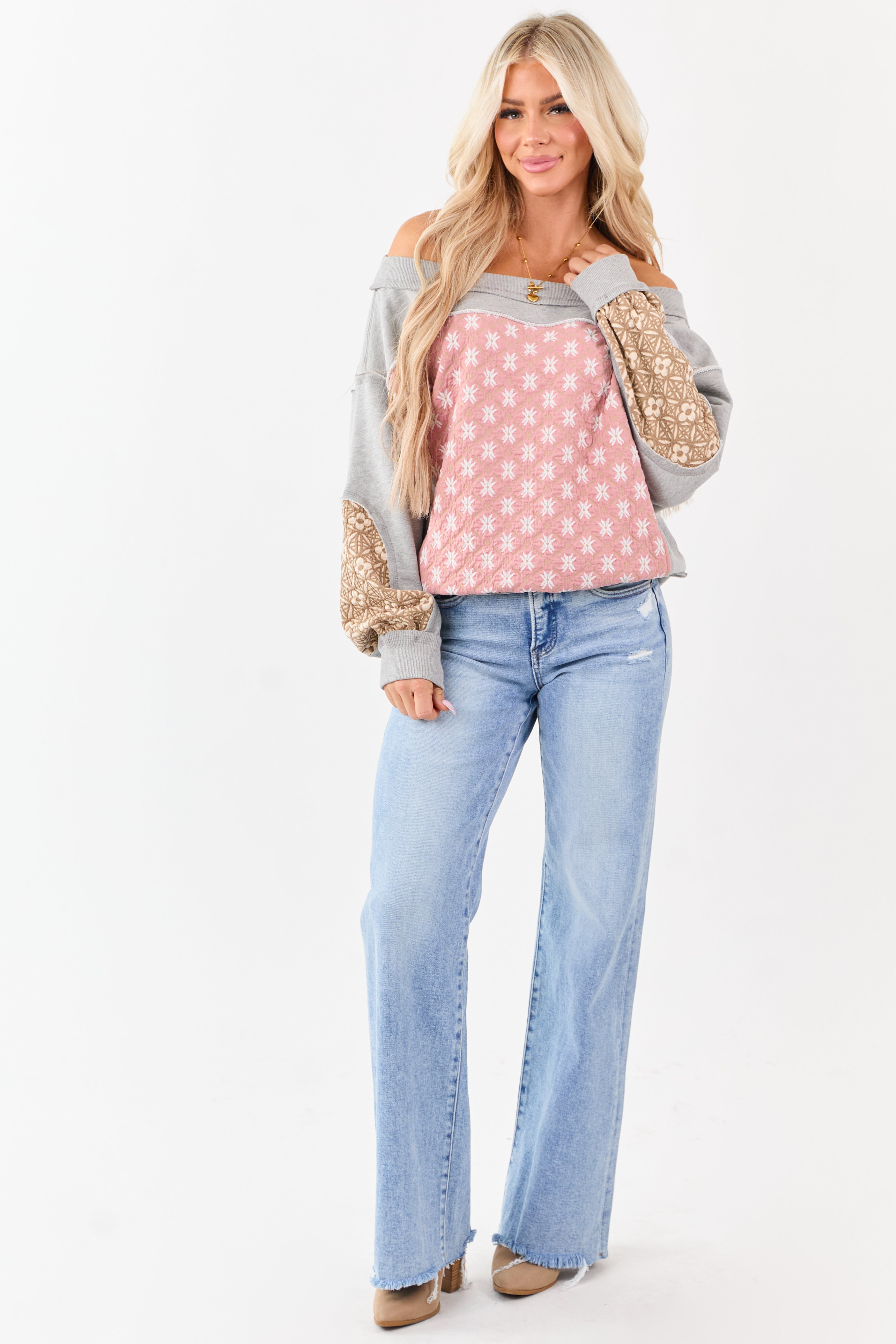 Heather Grey Boho Patchwork Off Shoulder Sweatshirt