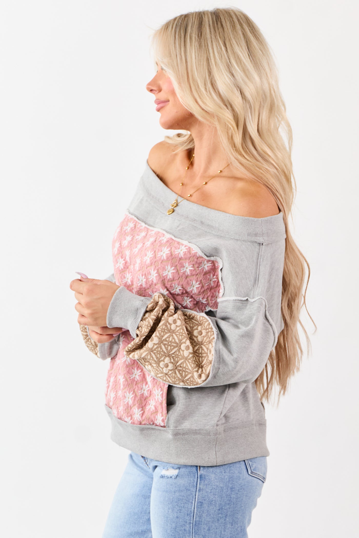 Heather Grey Boho Patchwork Off Shoulder Sweatshirt