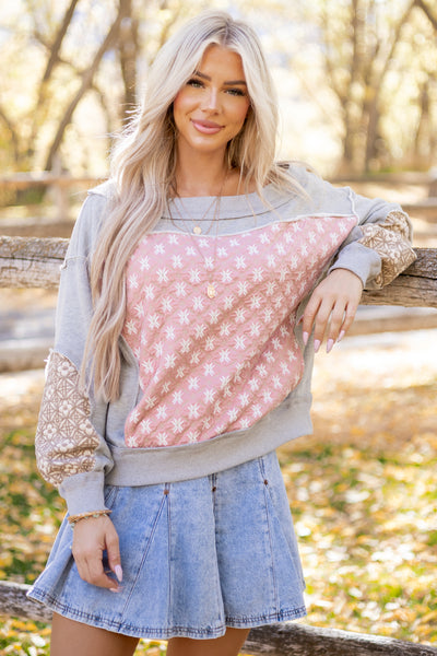 Heather Grey Boho Patchwork Off Shoulder Sweatshirt