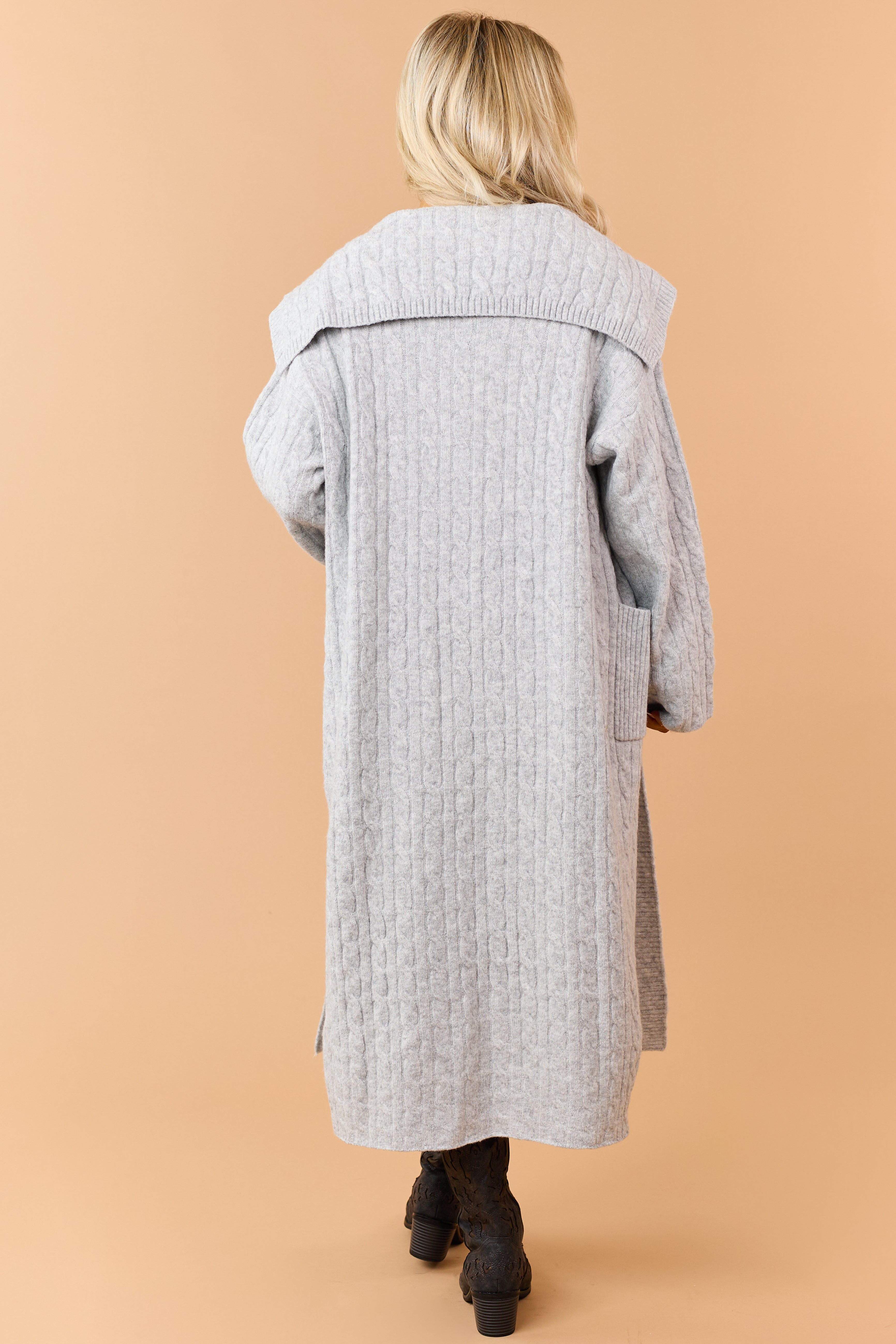 Heather Grey Cable Knit Open Front Duster Cardigan