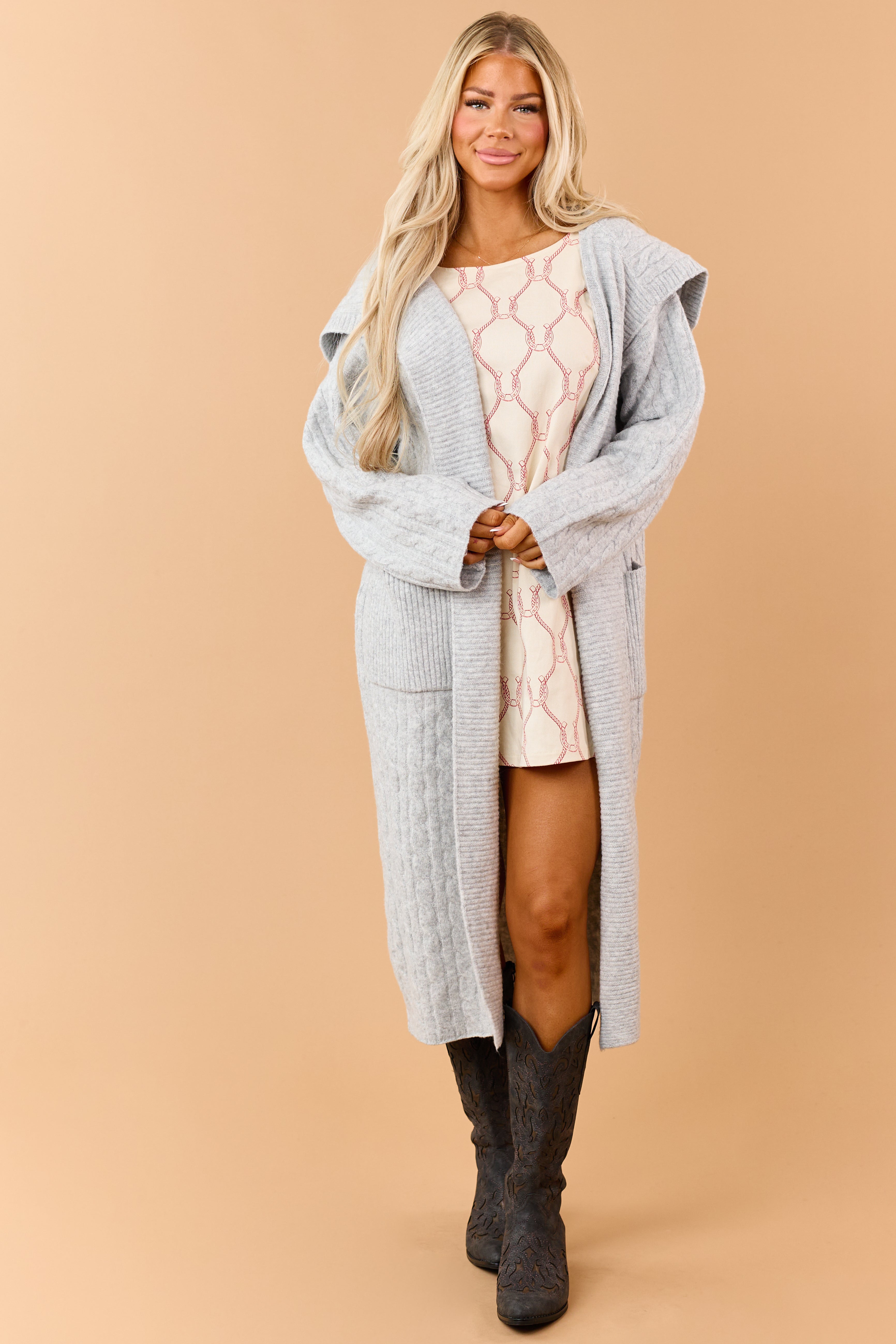Heather Grey Cable Knit Open Front Duster Cardigan