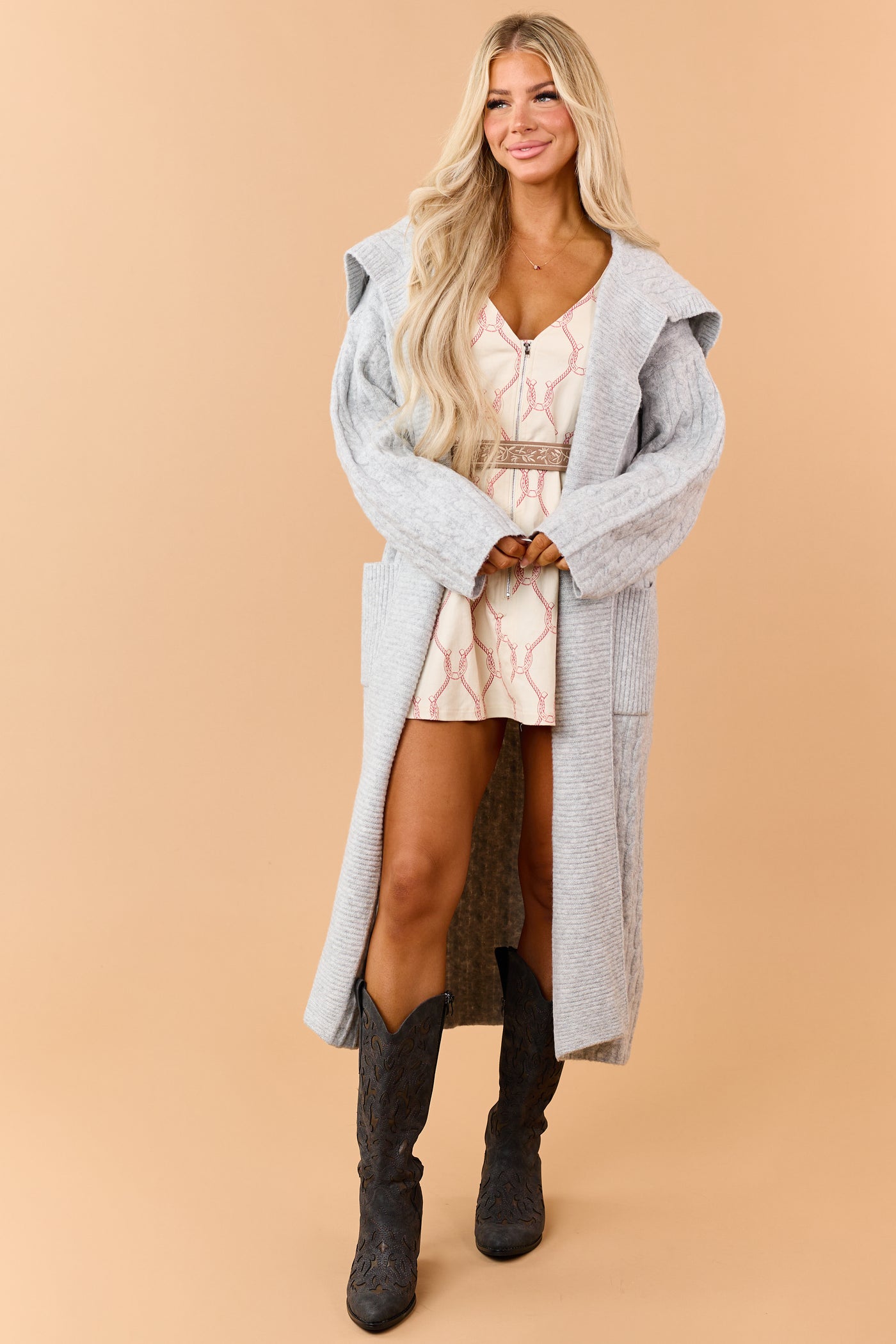 Heather Grey Cable Knit Open Front Duster Cardigan