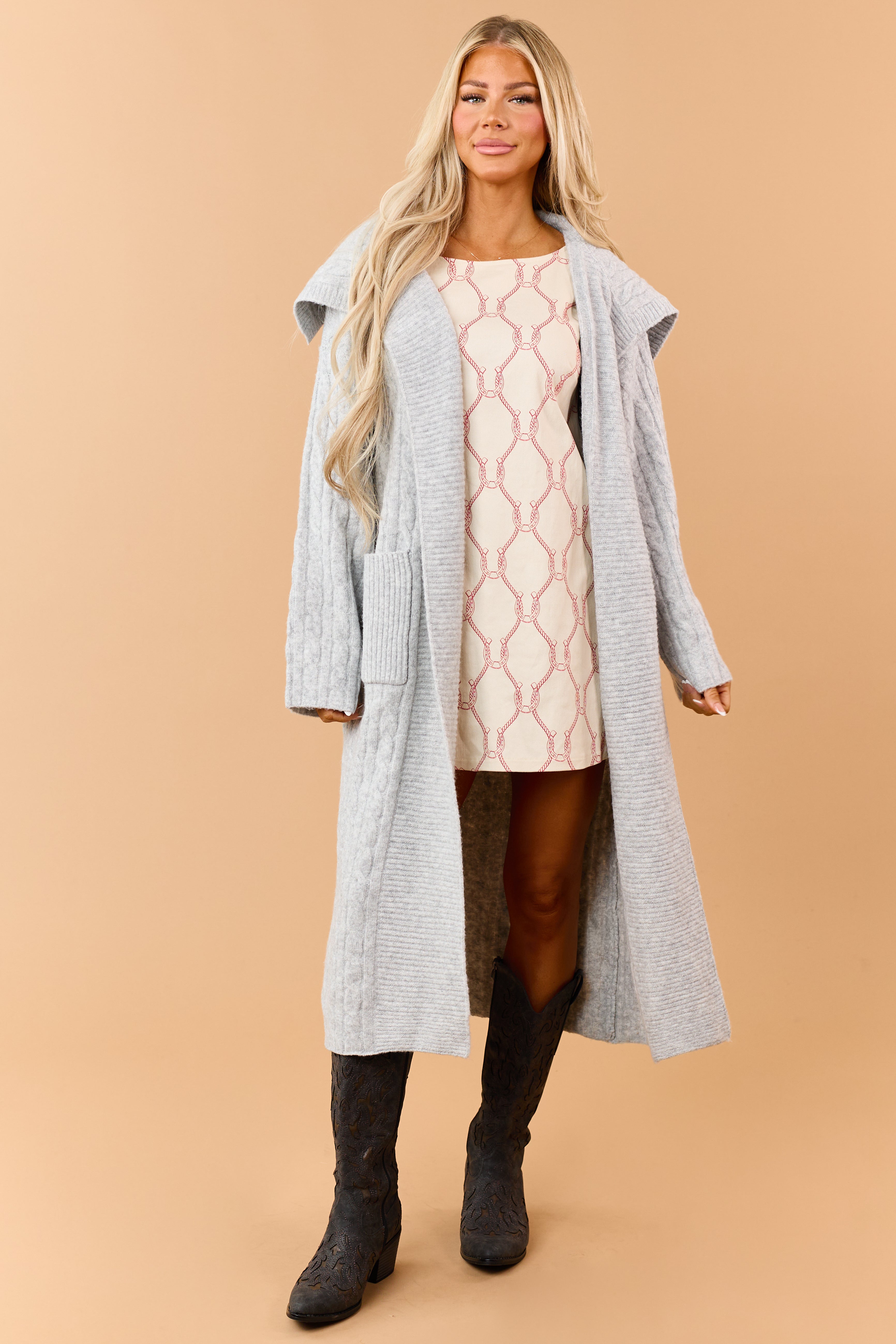 Heather Grey Cable Knit Open Front Duster Cardigan