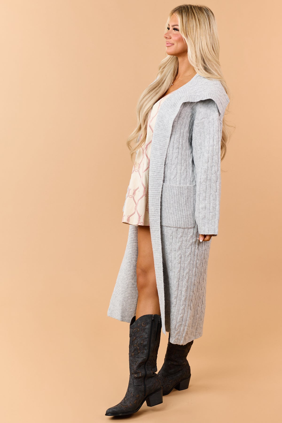 Heather Grey Cable Knit Open Front Duster Cardigan