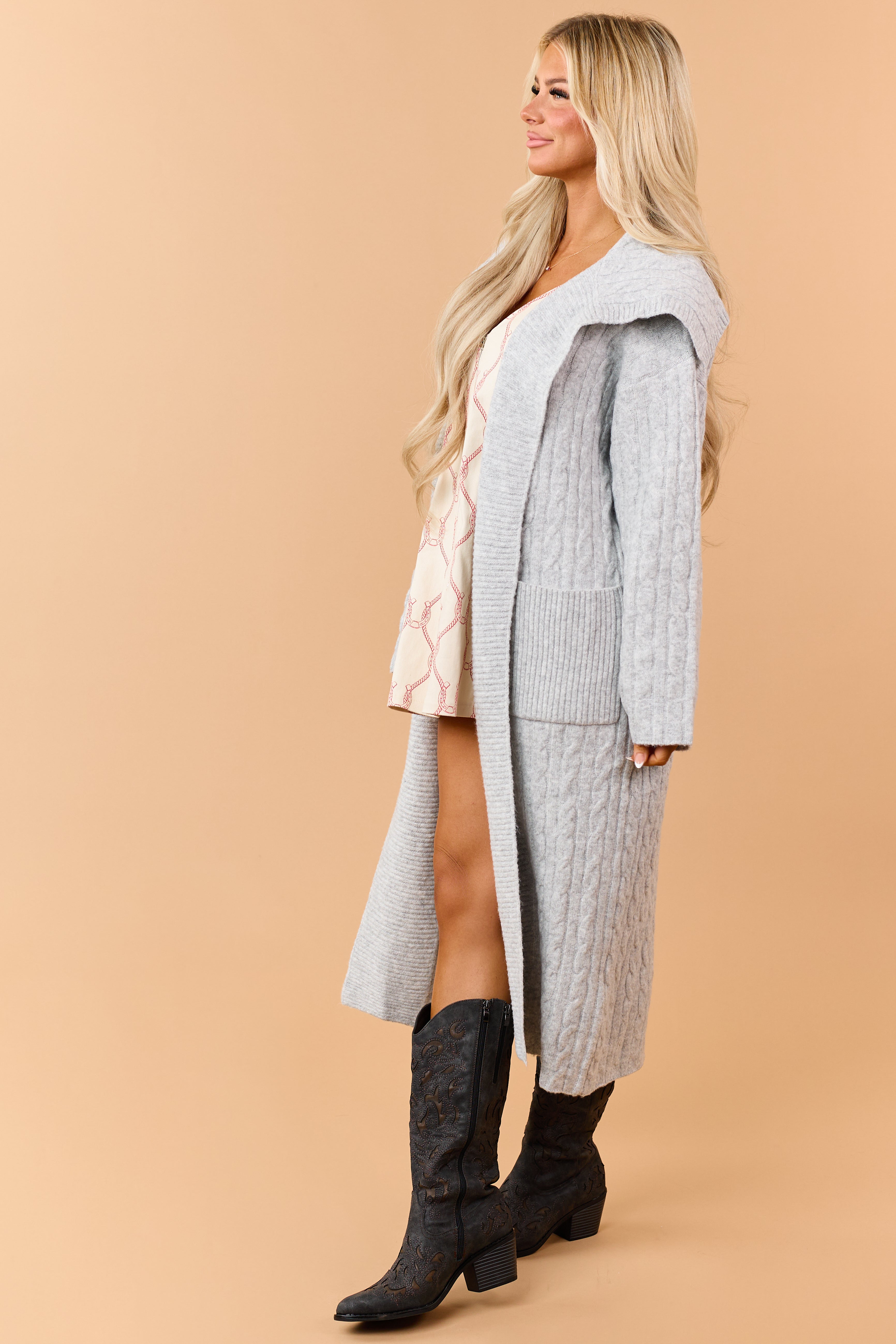 Heather Grey Cable Knit Open Front Duster Cardigan