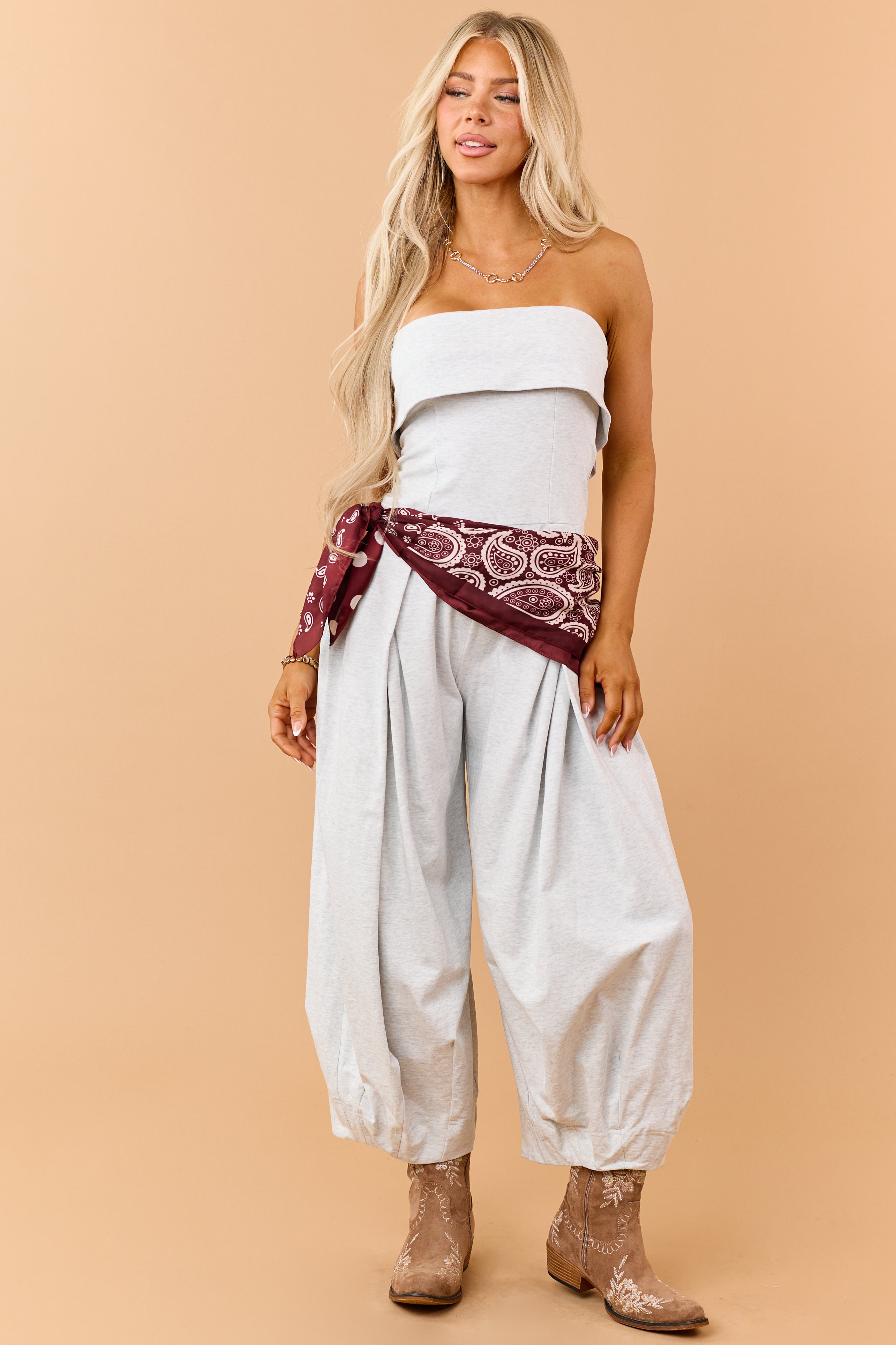 Heather Grey Cotton Balloon Leg Strapless Jumpsuit