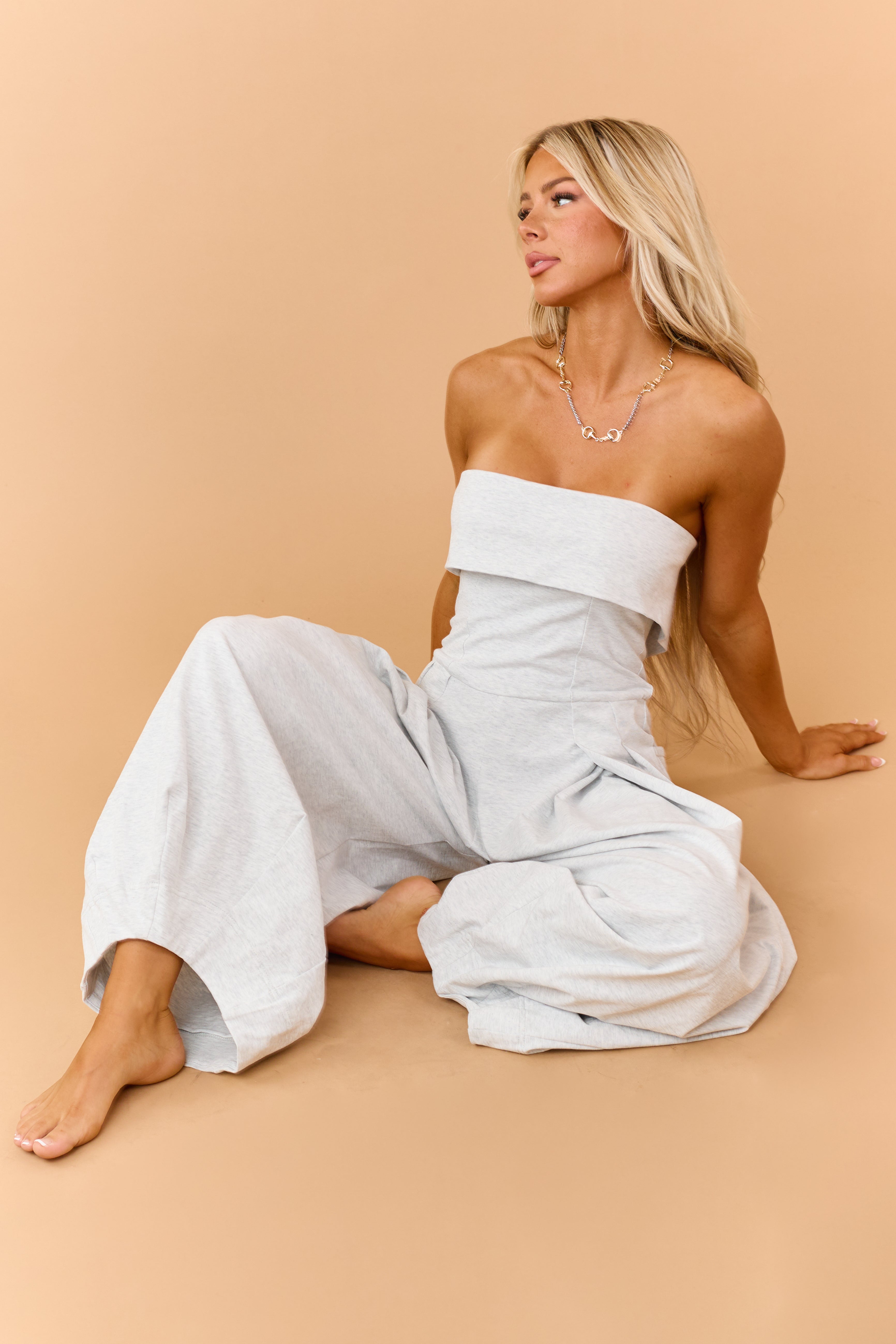 Heather Grey Cotton Balloon Leg Strapless Jumpsuit