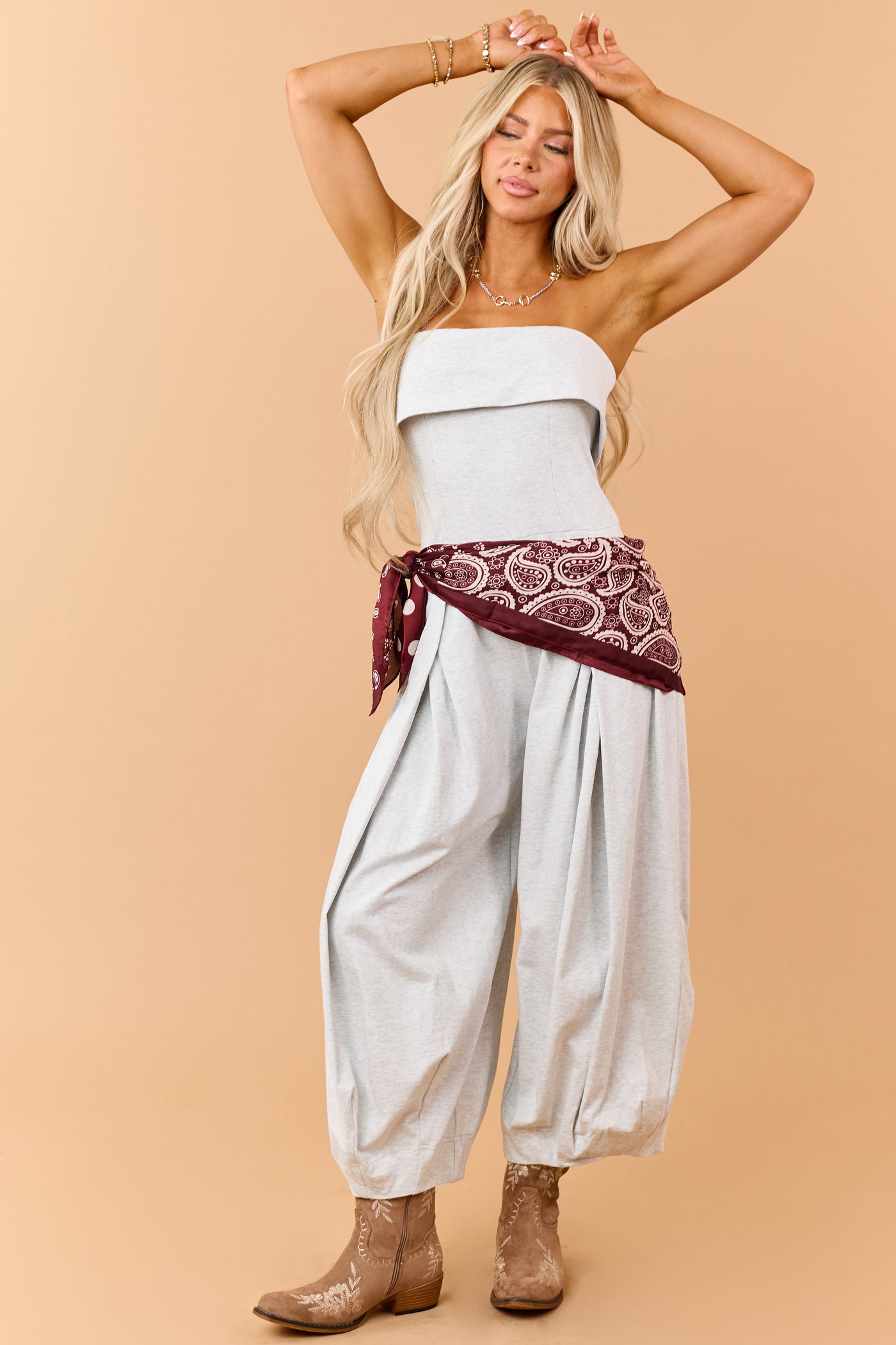 Heather Grey Cotton Balloon Leg Strapless Jumpsuit