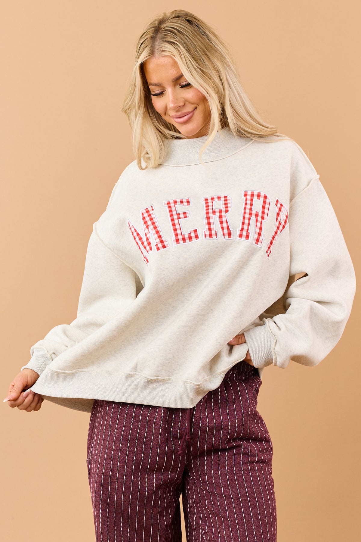 Heather Grey Embroidered 'Merry' Graphic Sweatshirt