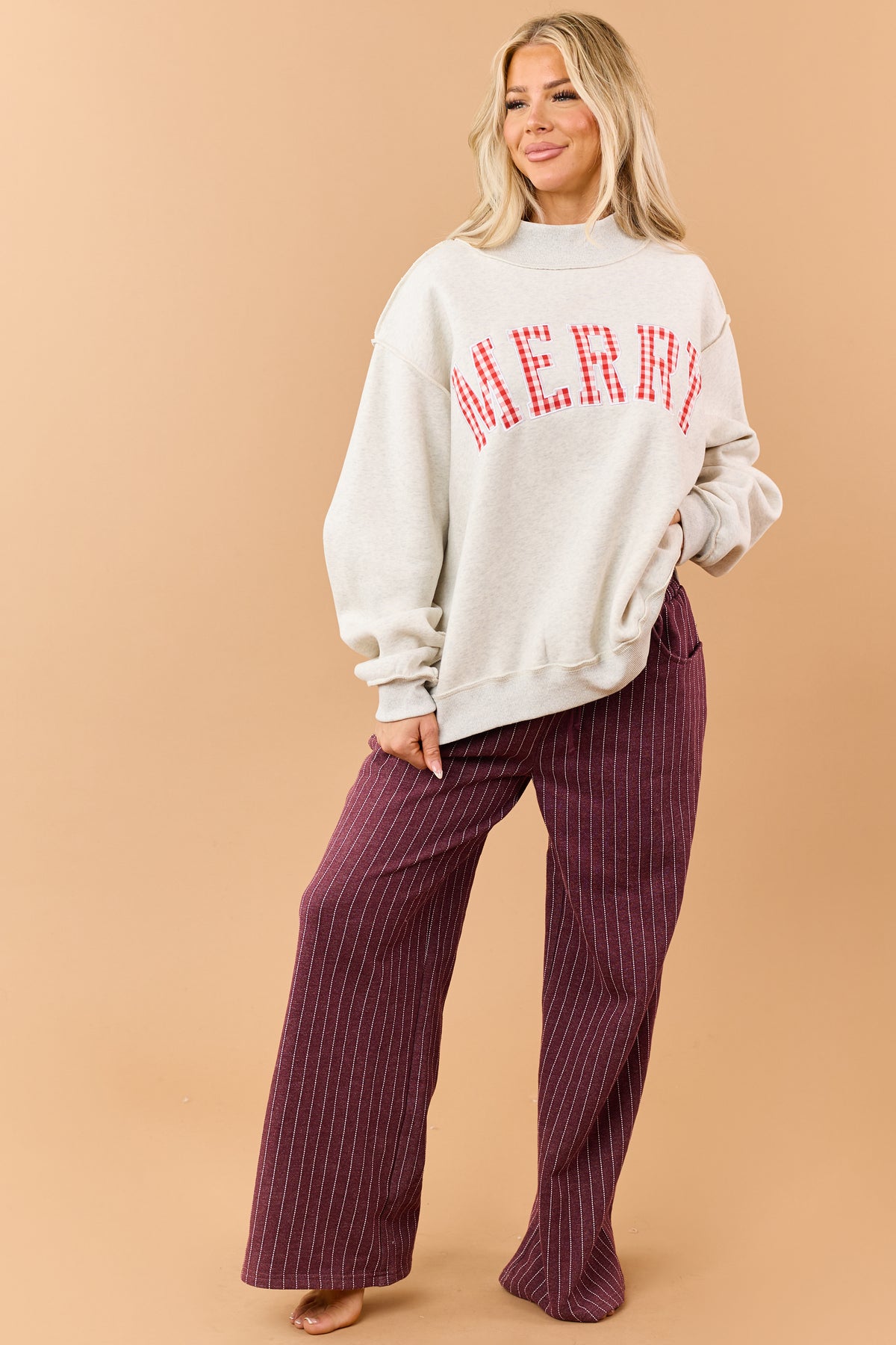 Heather Grey Embroidered 'Merry' Graphic Sweatshirt