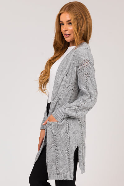 Heather Grey Eyelet Cable Knit Cardigan