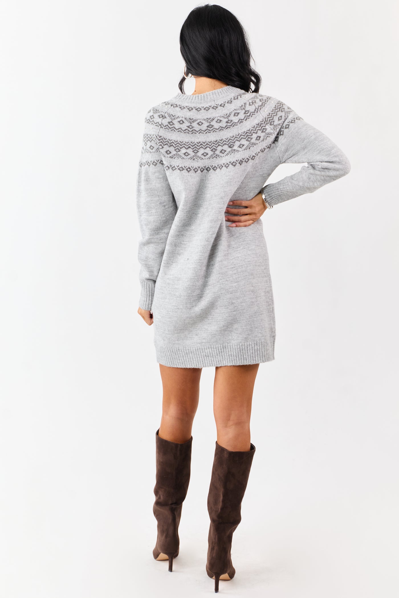 Heather Grey Fair Isle Rhinestone Sweater Short Dress