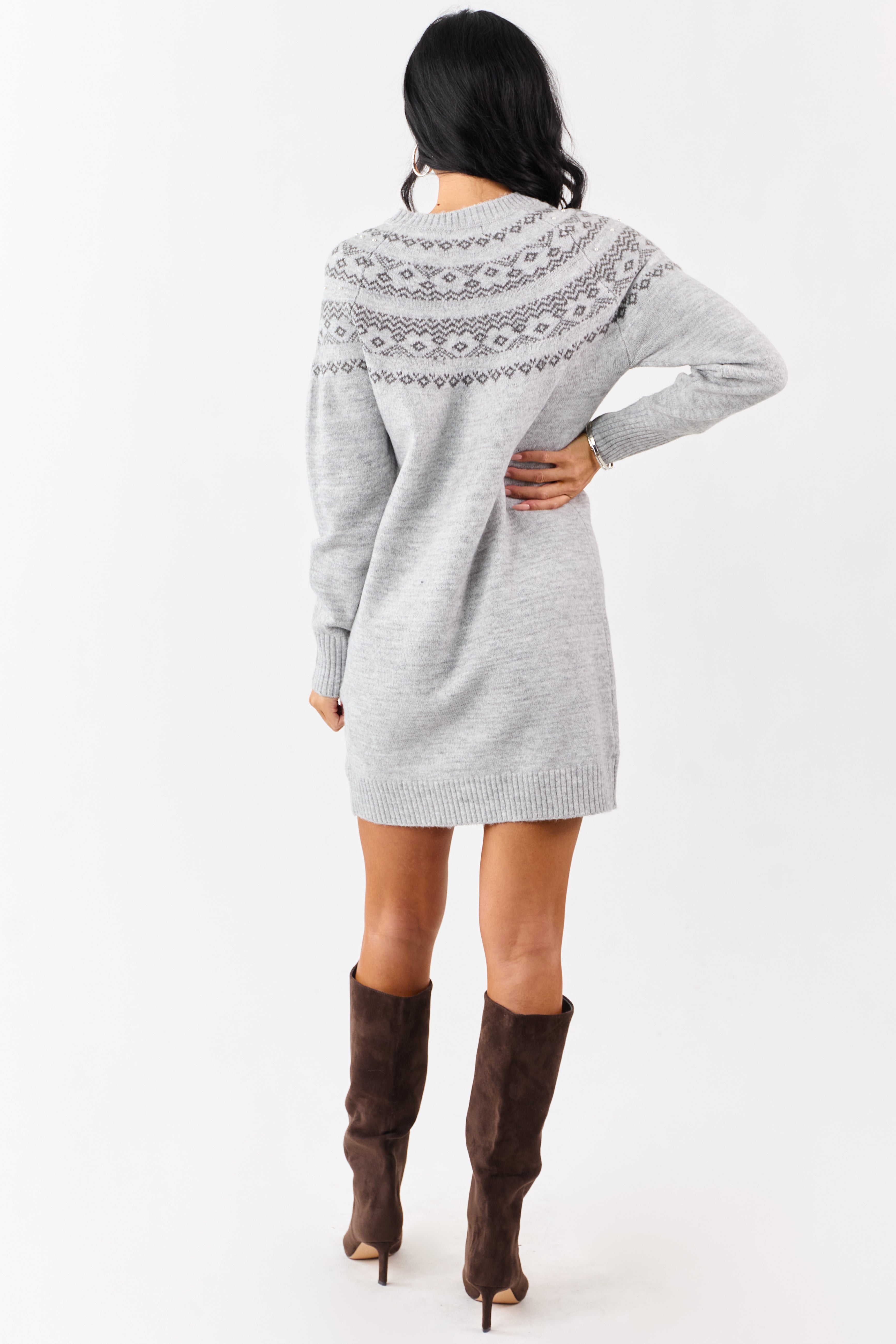 Heather Grey Fair Isle Rhinestone Sweater Short Dress