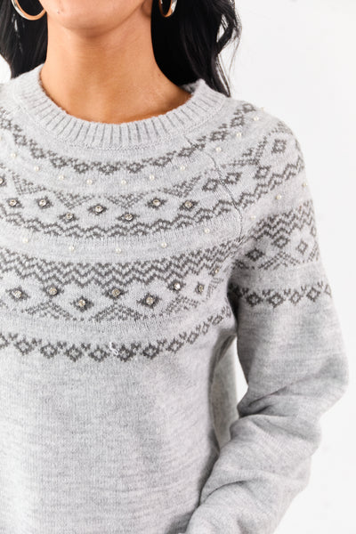 Heather Grey Fair Isle Rhinestone Sweater Short Dress