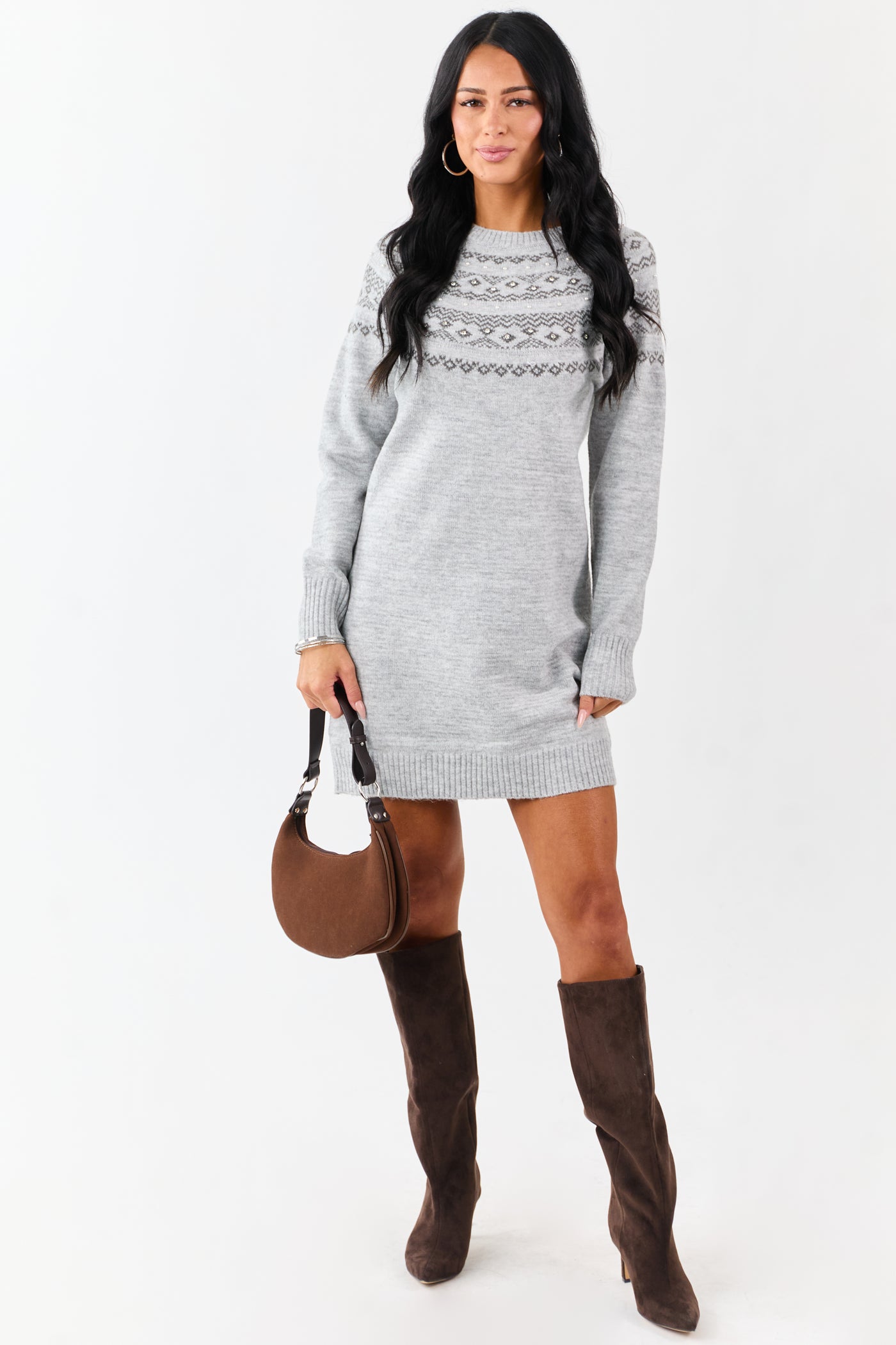 Heather Grey Fair Isle Rhinestone Sweater Short Dress