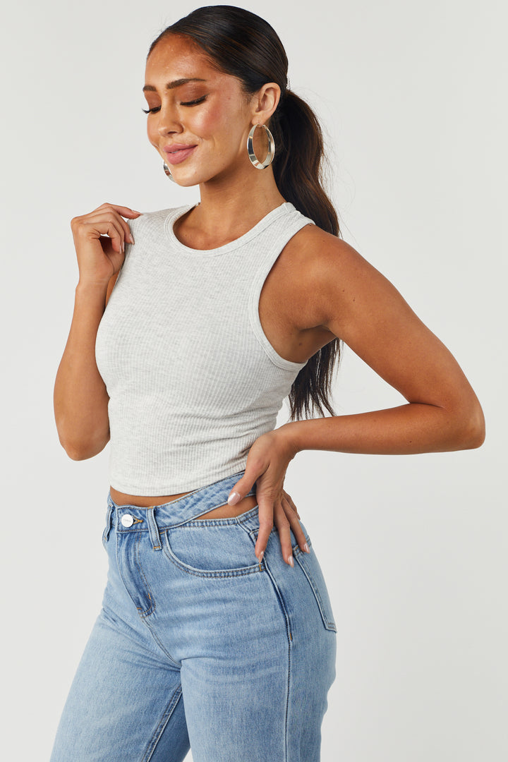 Heather Grey Fitted Ribbed Knit Basic Tank Top
