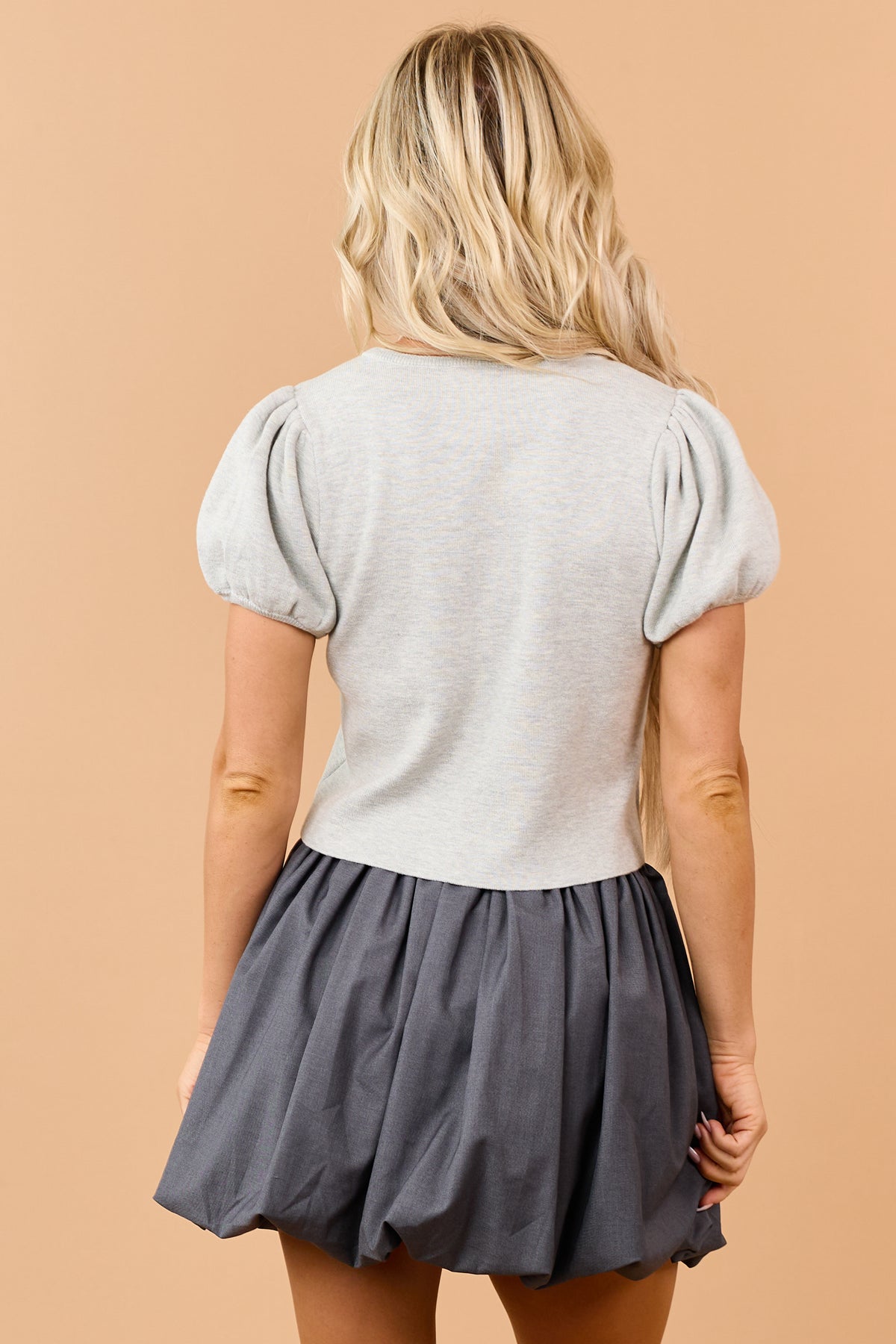 Heather Grey Floral Embroidered Puff Sleeve Top