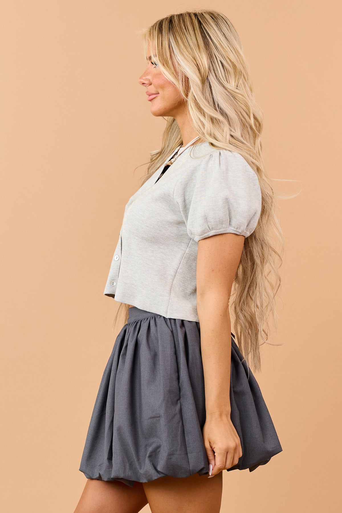 Heather Grey Floral Embroidered Puff Sleeve Top