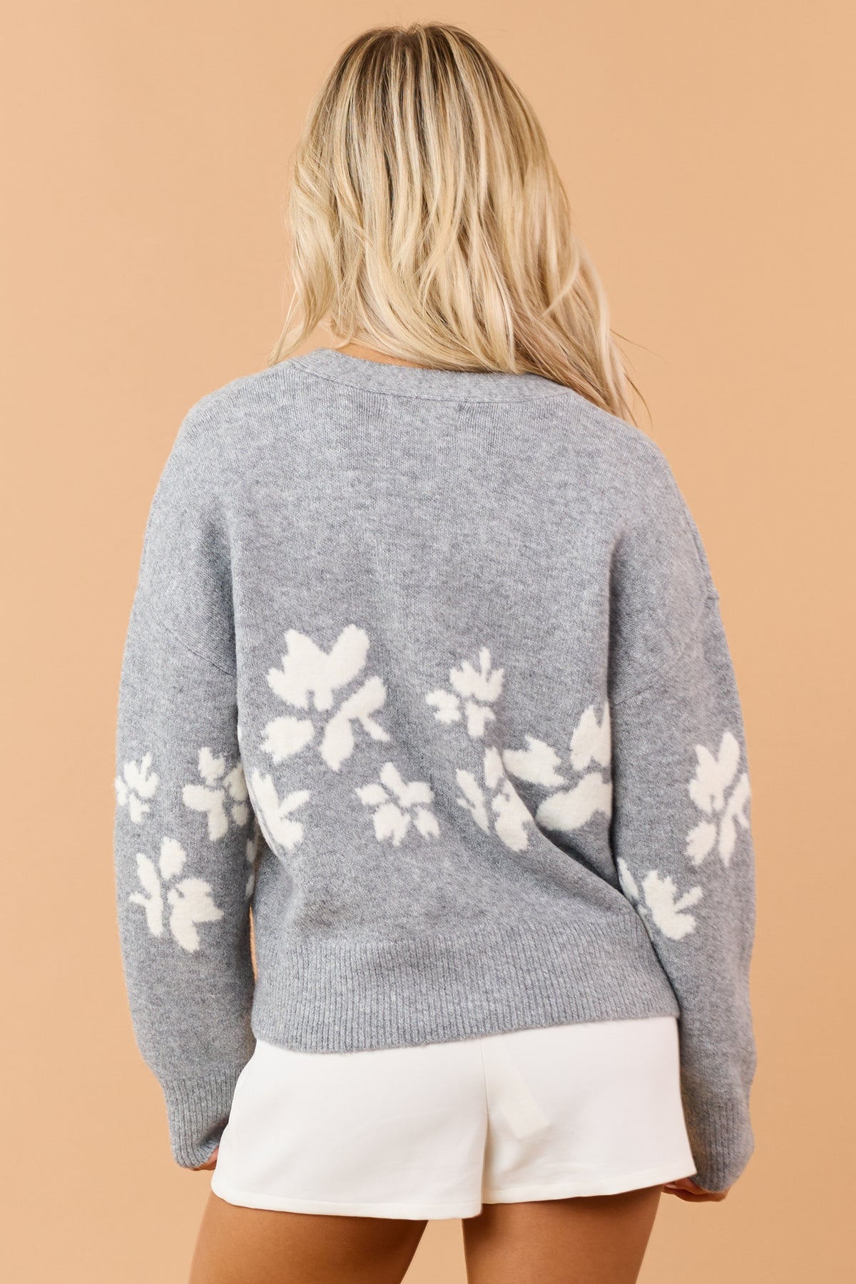 Heather Grey Floral Jacquard Button Down Cardigan