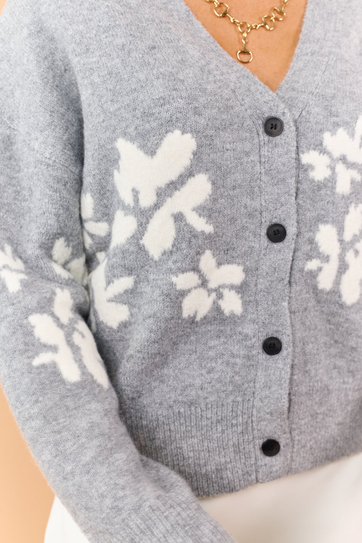 Heather Grey Floral Jacquard Button Down Cardigan