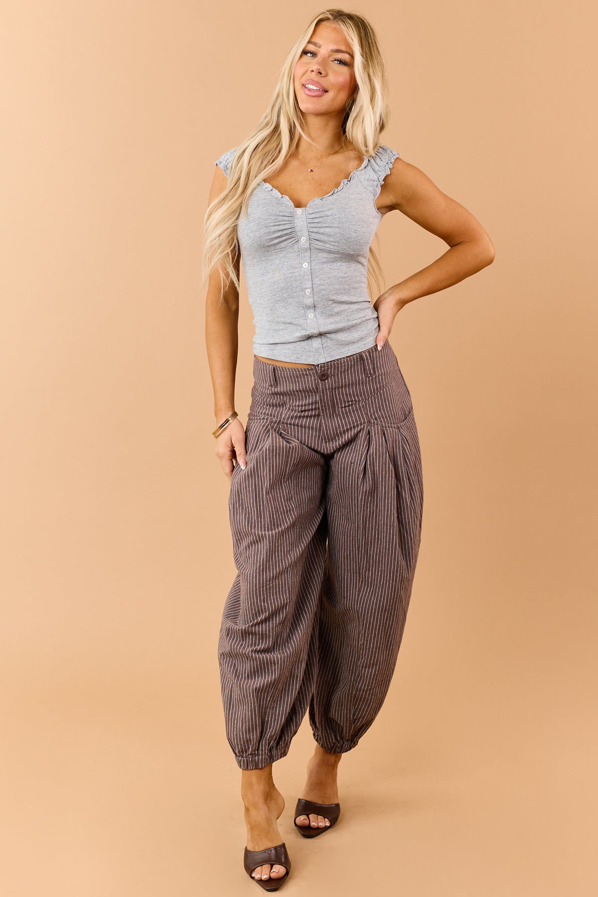 Heather Grey Frill Trim Faux Button Down Tank Top