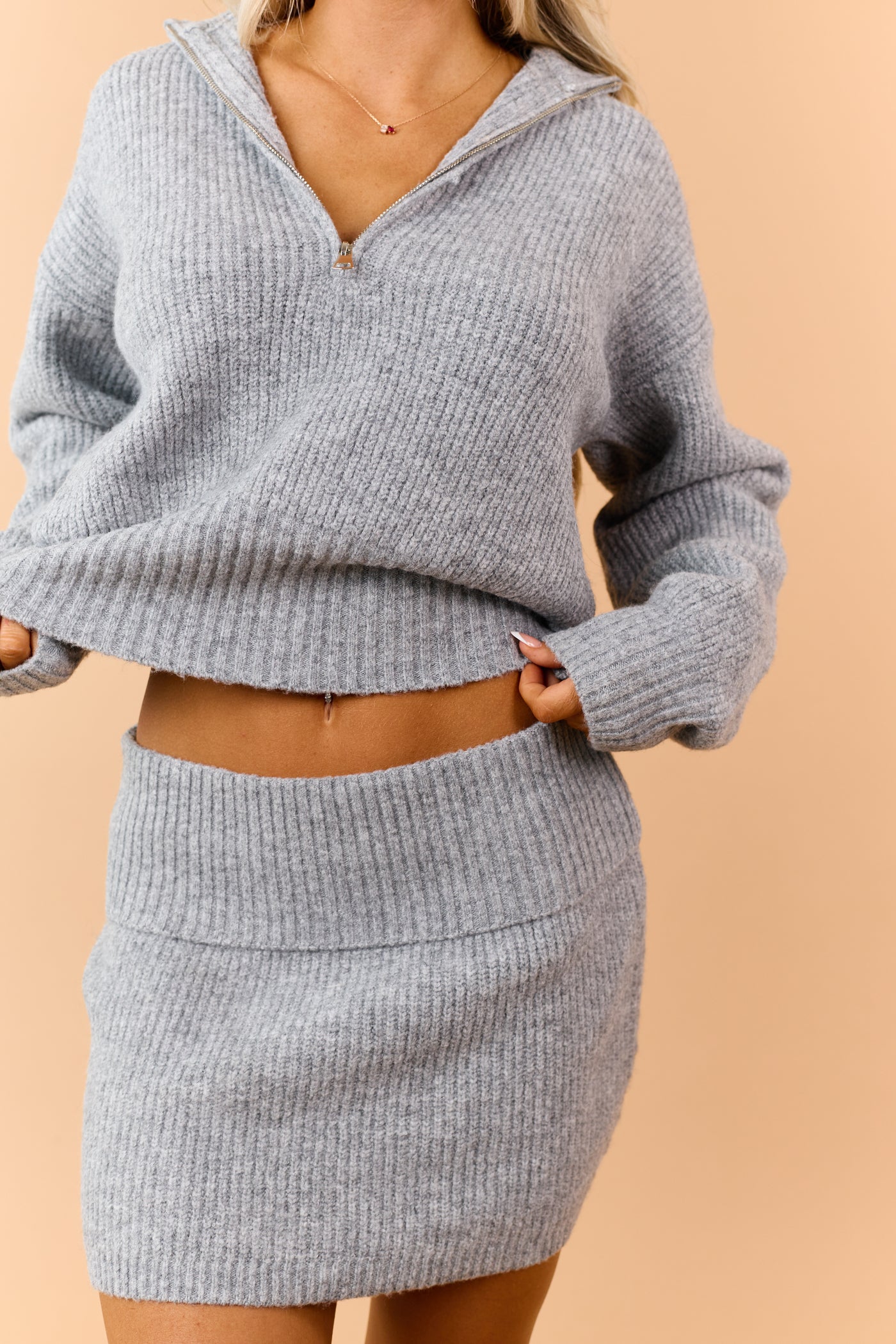 Heather Grey Half Zip Sweater and Mini Skirt Set