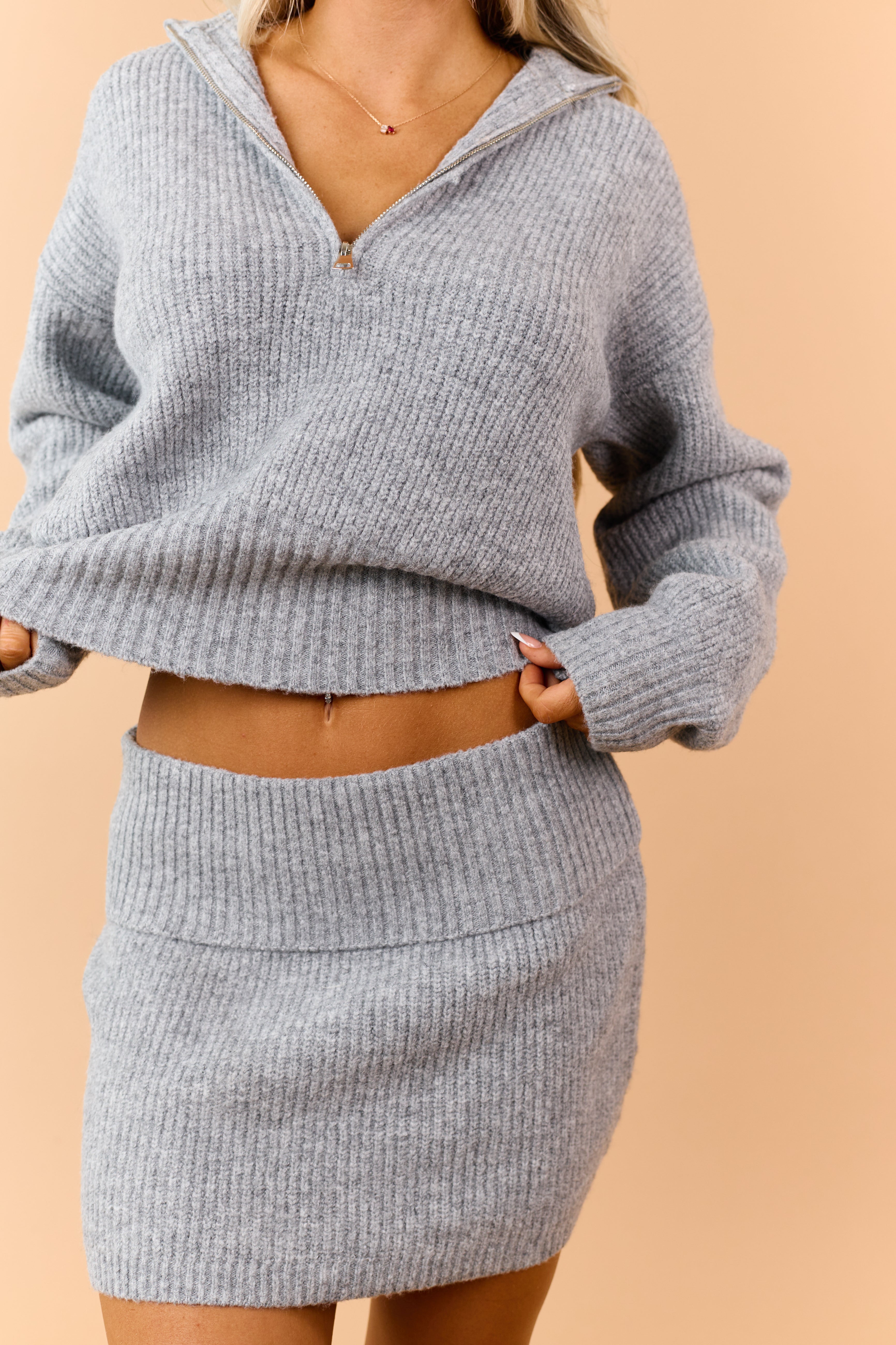 Heather Grey Half Zip Sweater and Mini Skirt Set