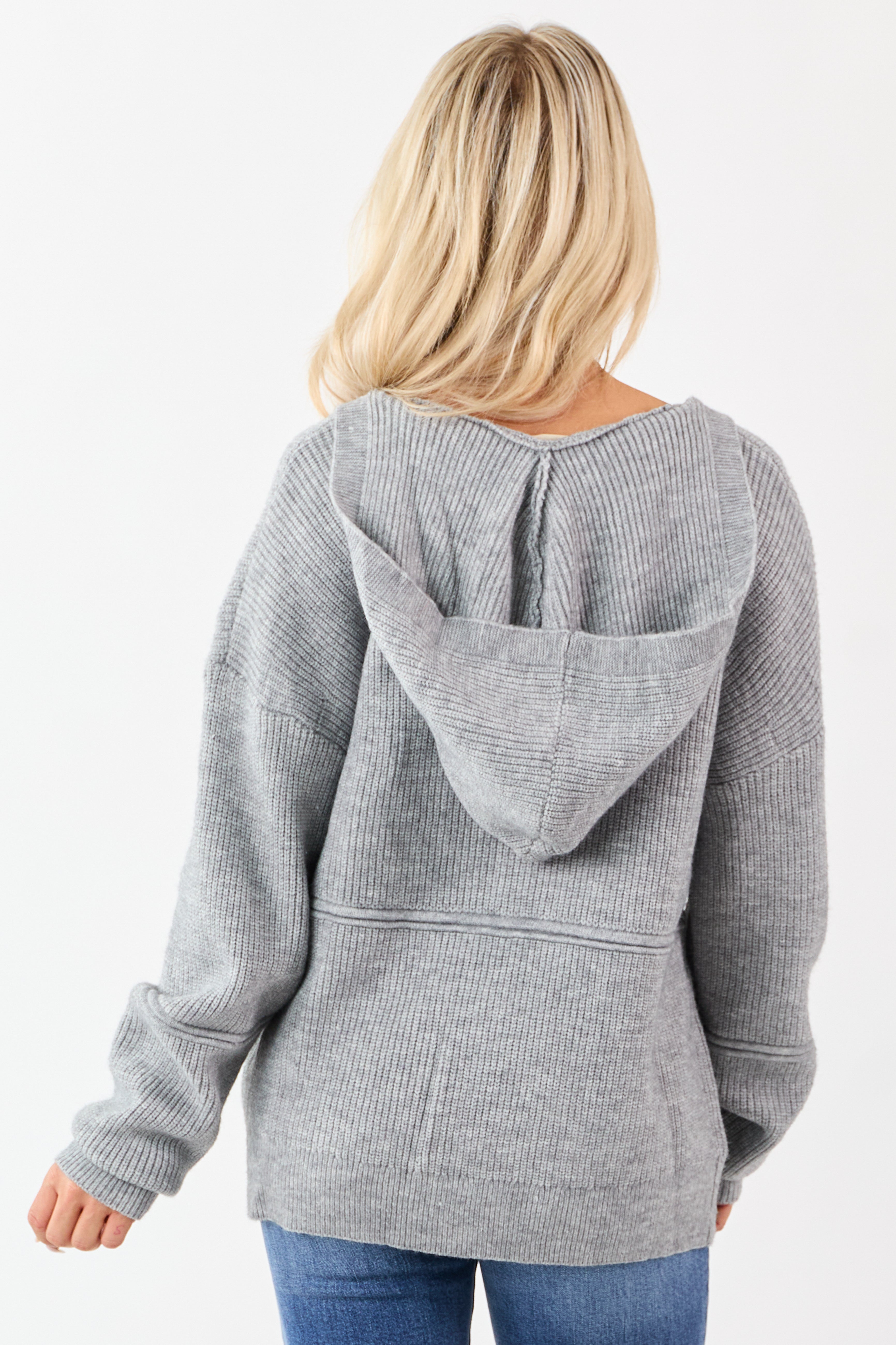 Heather Grey Hooded Relaxed Rib Knit Sweater