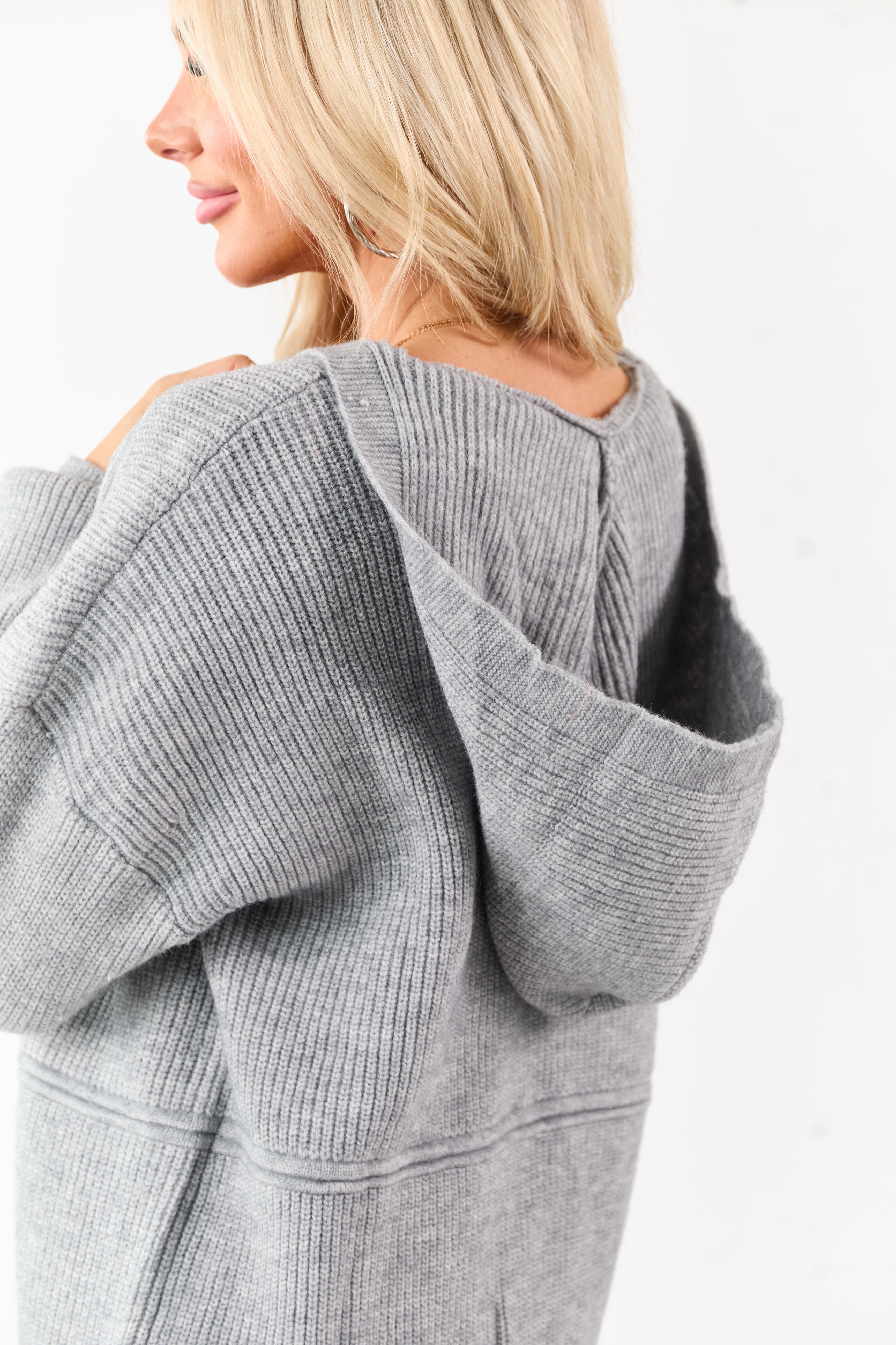 Heather Grey Hooded Relaxed Rib Knit Sweater