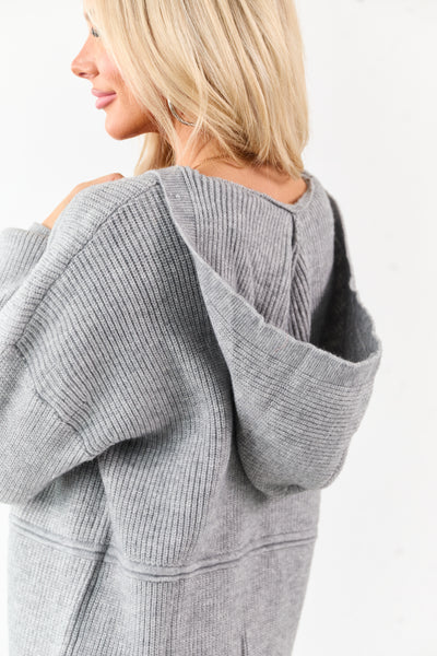 Heather Grey Hooded Relaxed Rib Knit Sweater