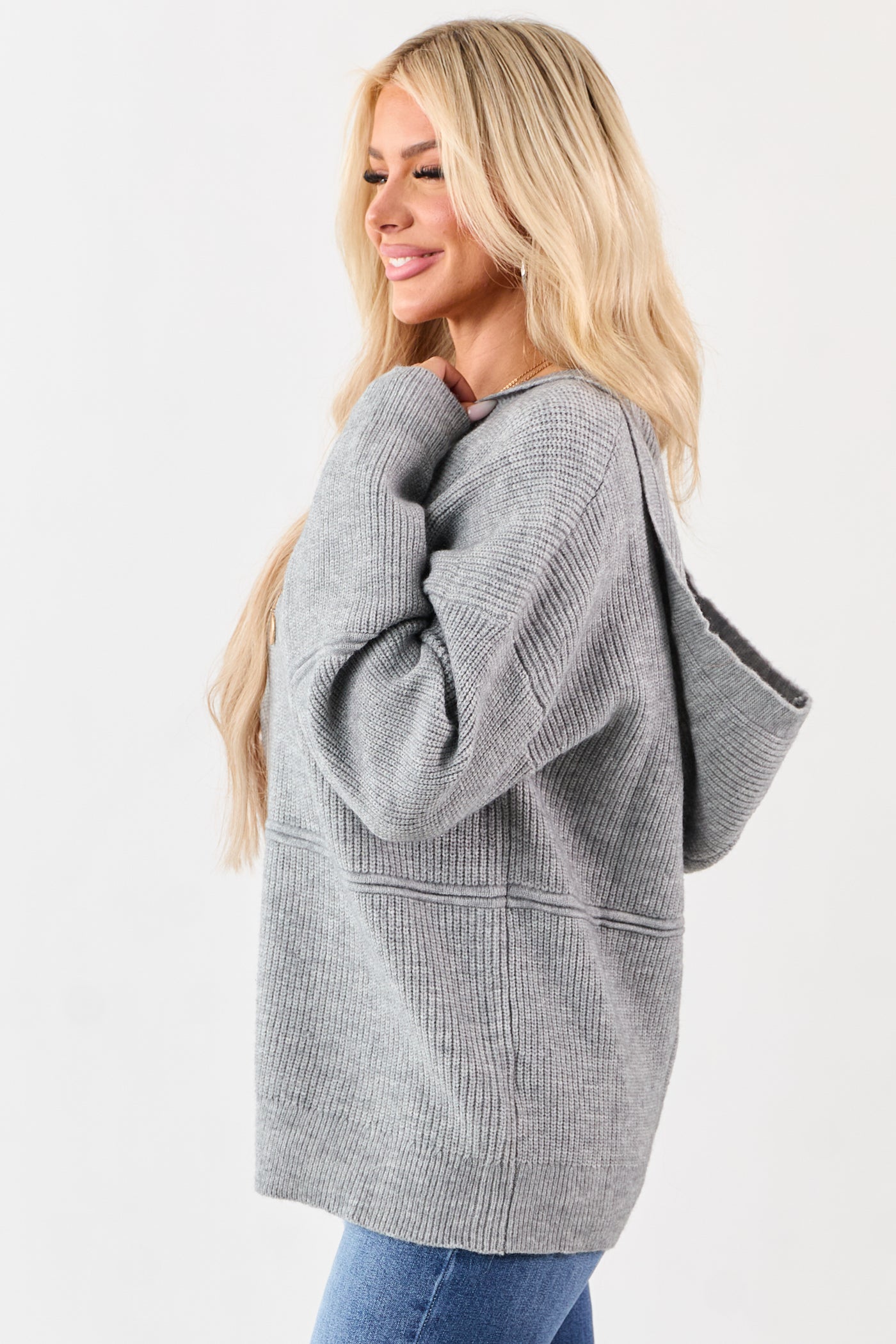 Heather Grey Hooded Relaxed Rib Knit Sweater