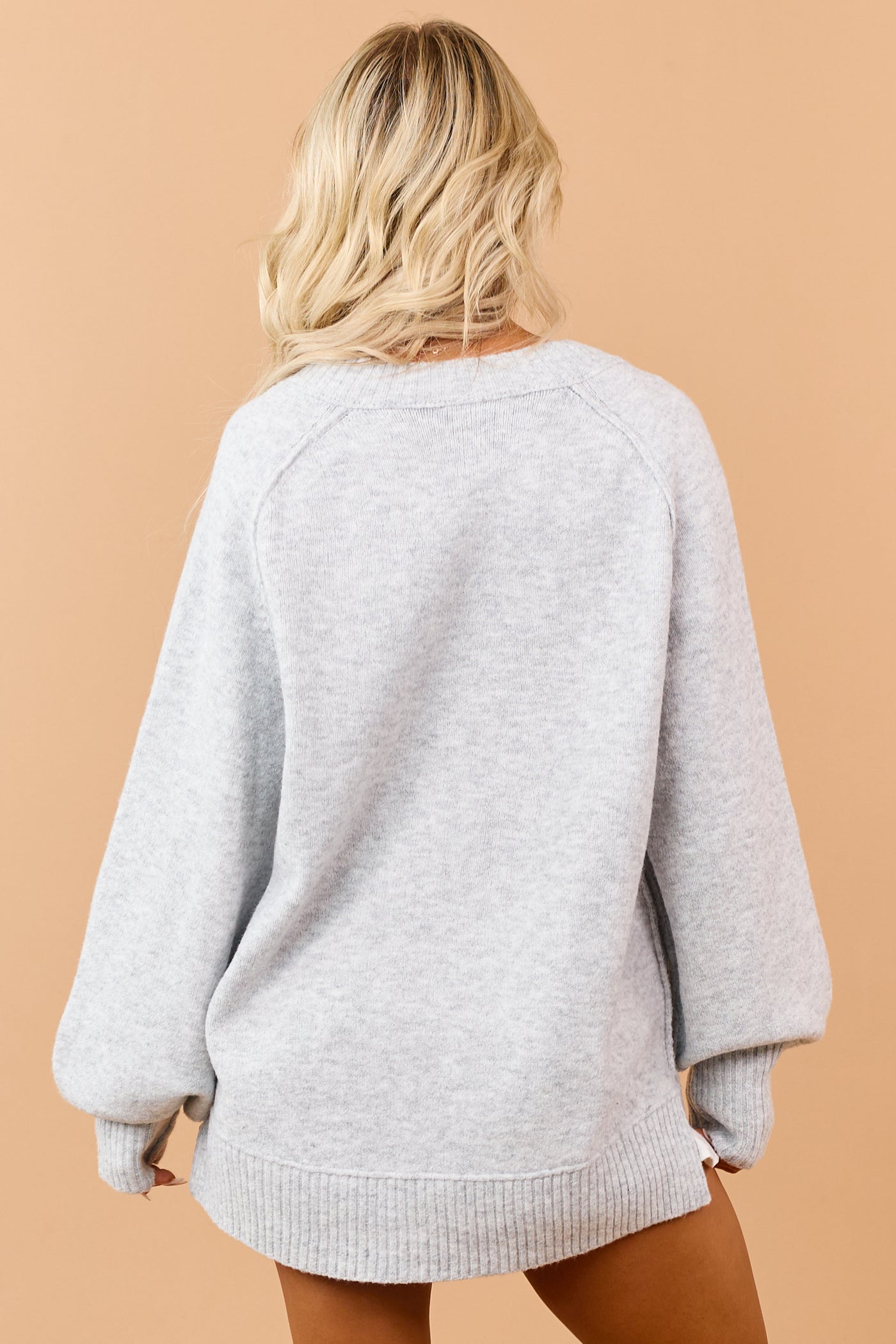 Heather Grey Knit Rib Trim V-Neck Relaxed Sweater