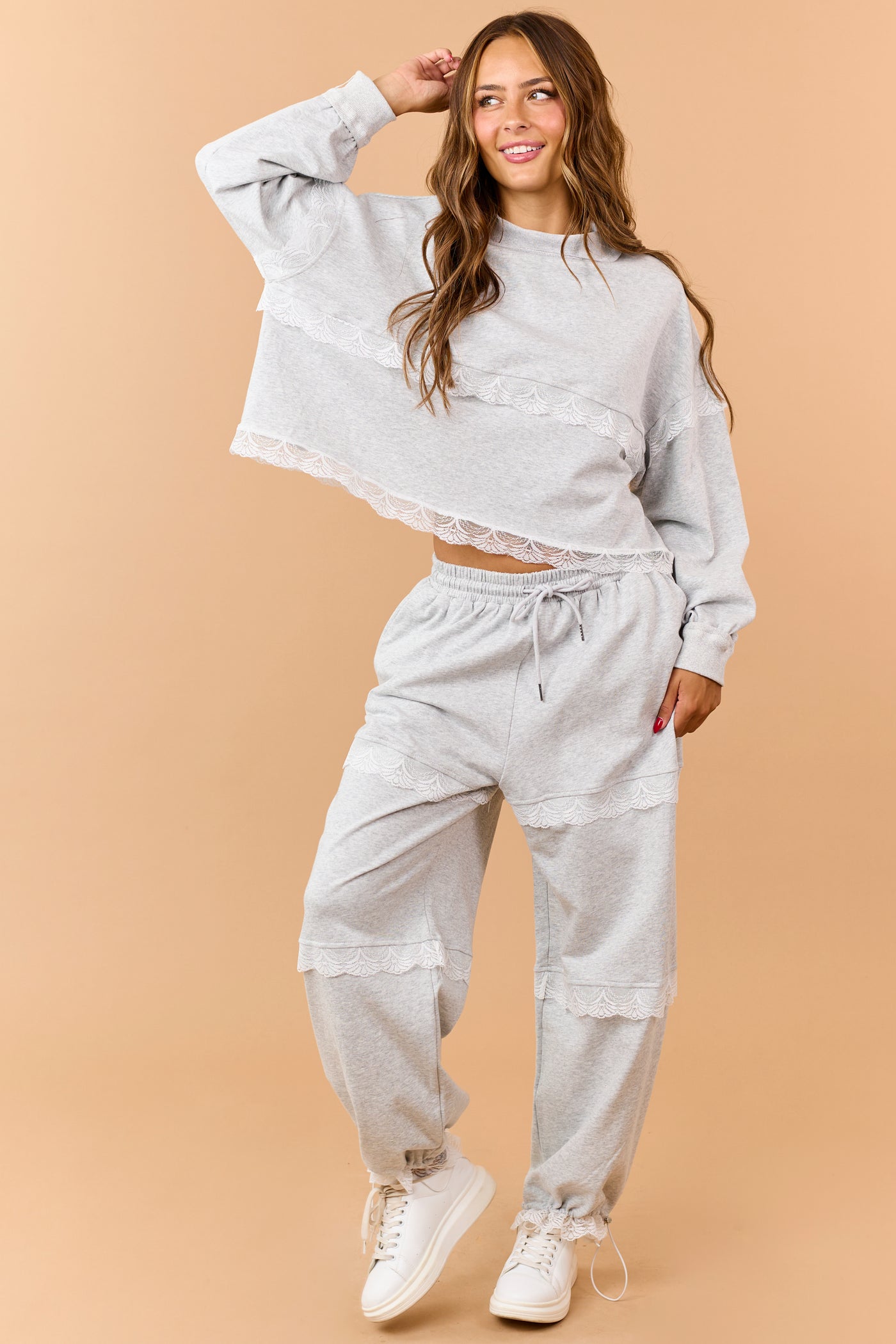 Heather Grey Lace Detail Mock Neck Sweatshirt