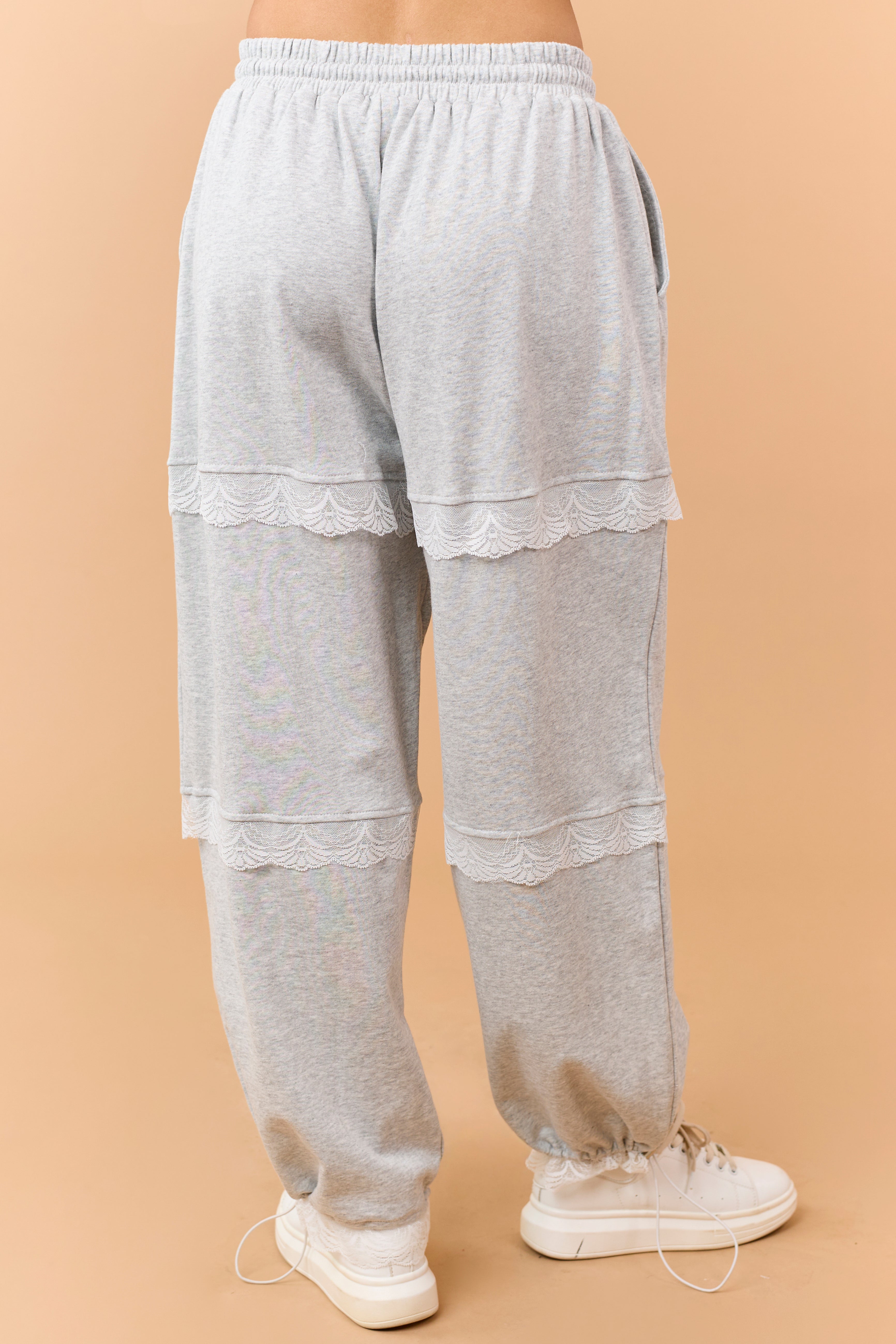 Heather Grey Lace Detail Wide Leg Sweatpants
